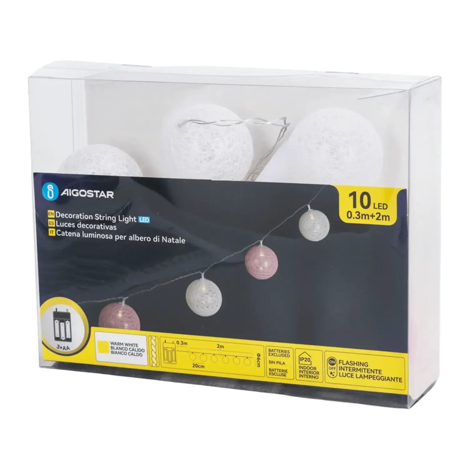 immagine Catena luminosa a batteria 3AA, luci a batuffoli colori misti gradazioni di rosa chiaro, bianco caldo 2m