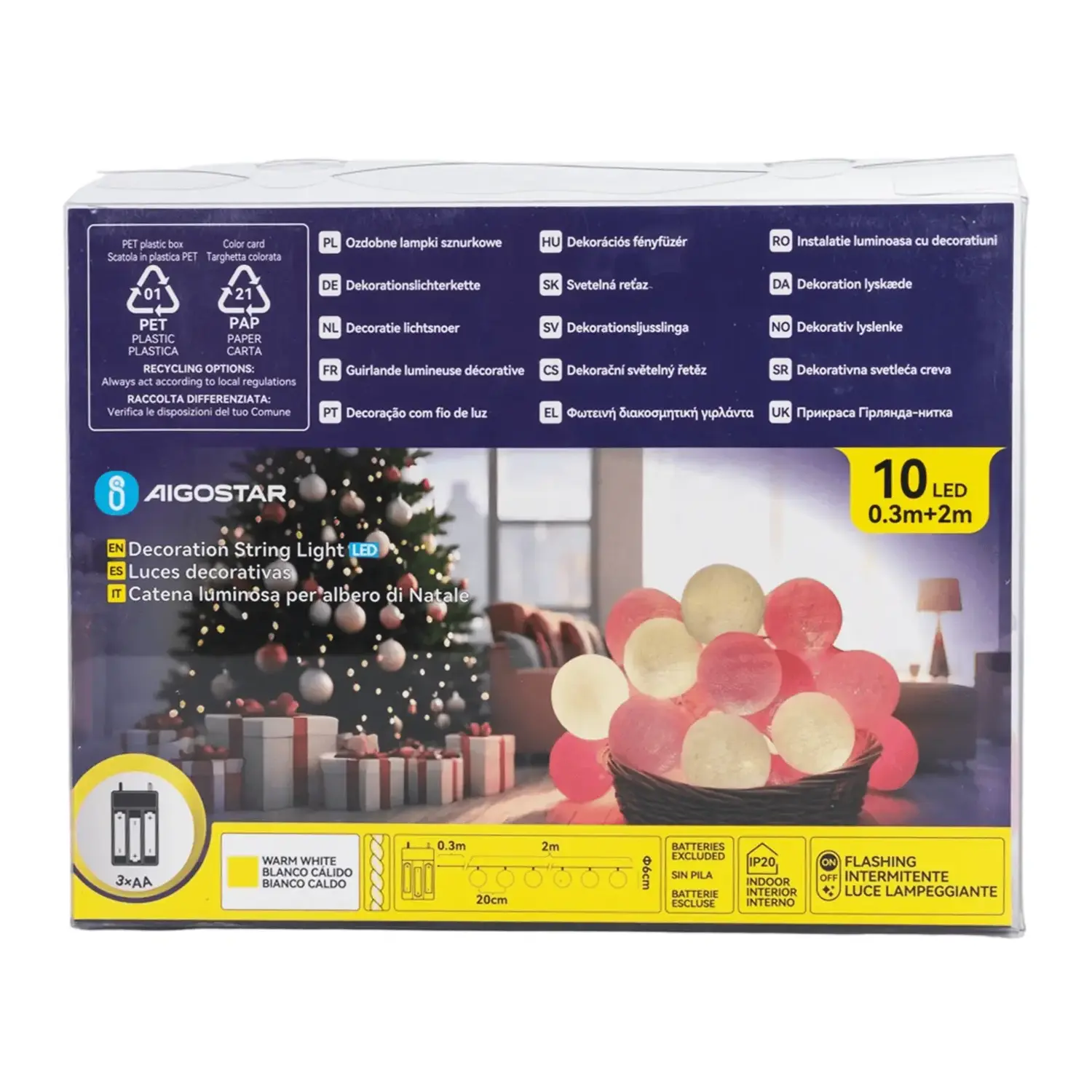 immagine Catena luminosa a batteria 3AA, luci a batuffoli colori misti gradazioni di rosa chiaro, bianco caldo 2m