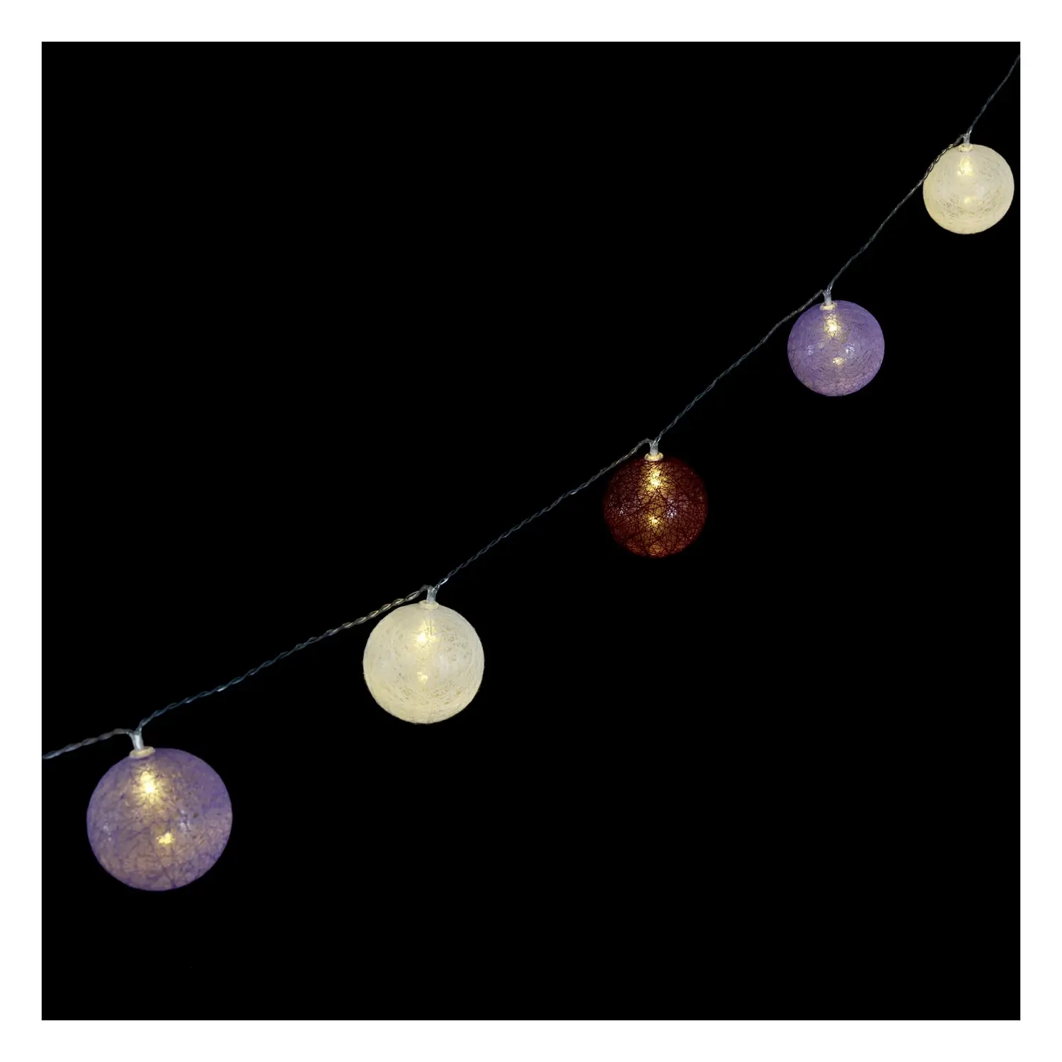 immagine del prodotto Catena luminosa a batteria 3AA, luci a batuffoli colori misti gradazioni di viola, bianco caldo 2m