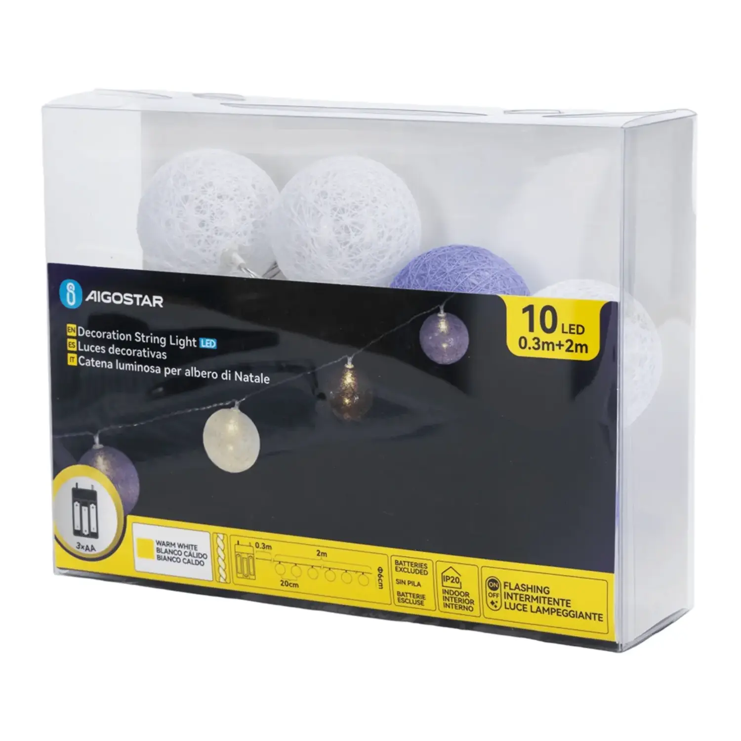 immagine Catena luminosa a batteria 3AA, luci a batuffoli colori misti gradazioni di viola, bianco caldo 2m