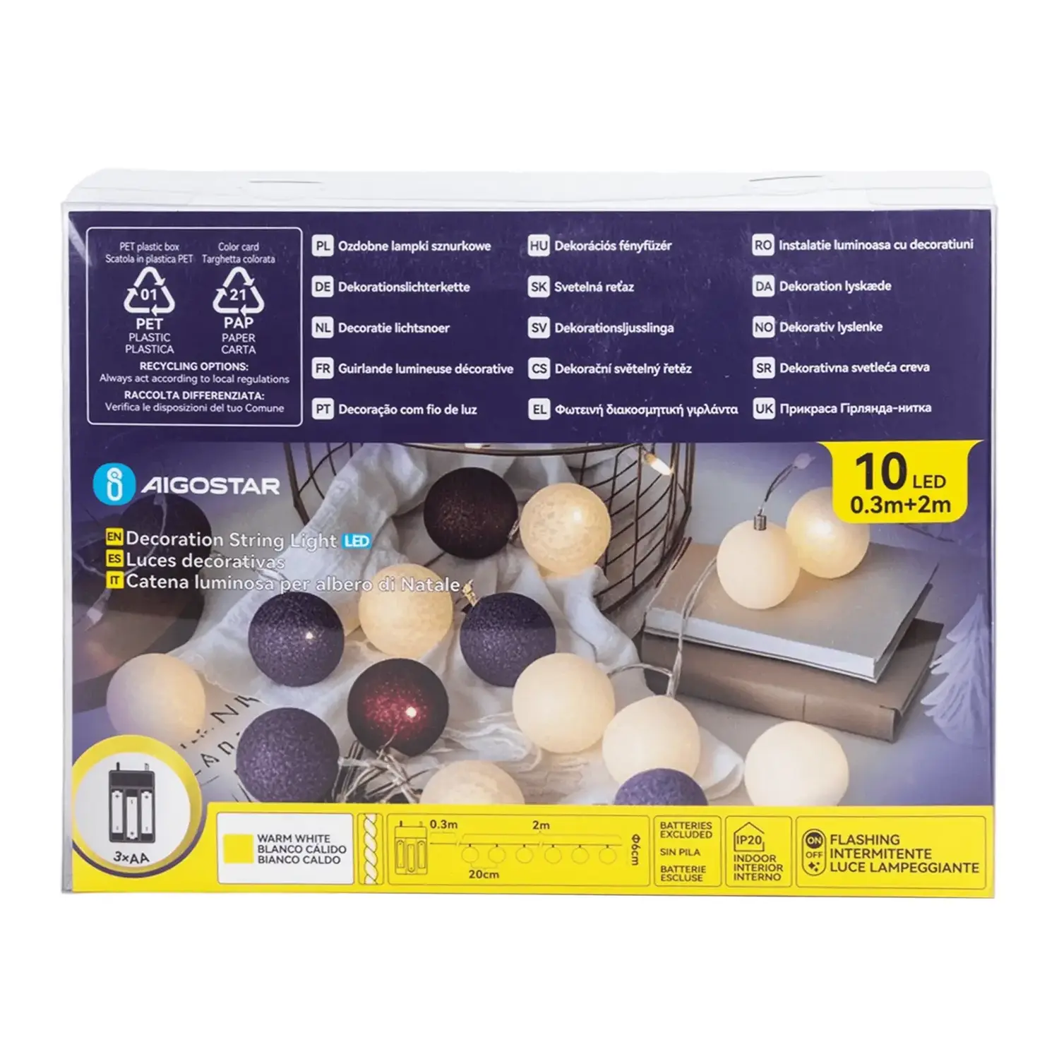 immagine Catena luminosa a batteria 3AA, luci a batuffoli colori misti gradazioni di viola, bianco caldo 2m