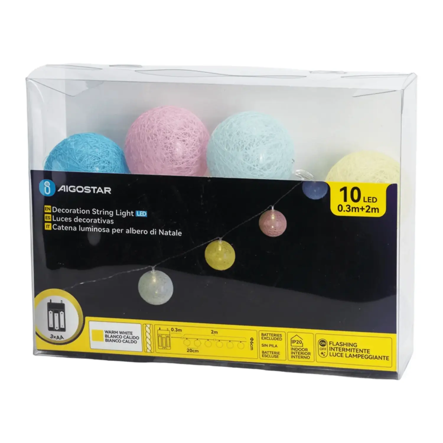 immagine Catena luminosa a batteria 3AA, luci a batuffoli colori misti pastello, bianco caldo 2m
