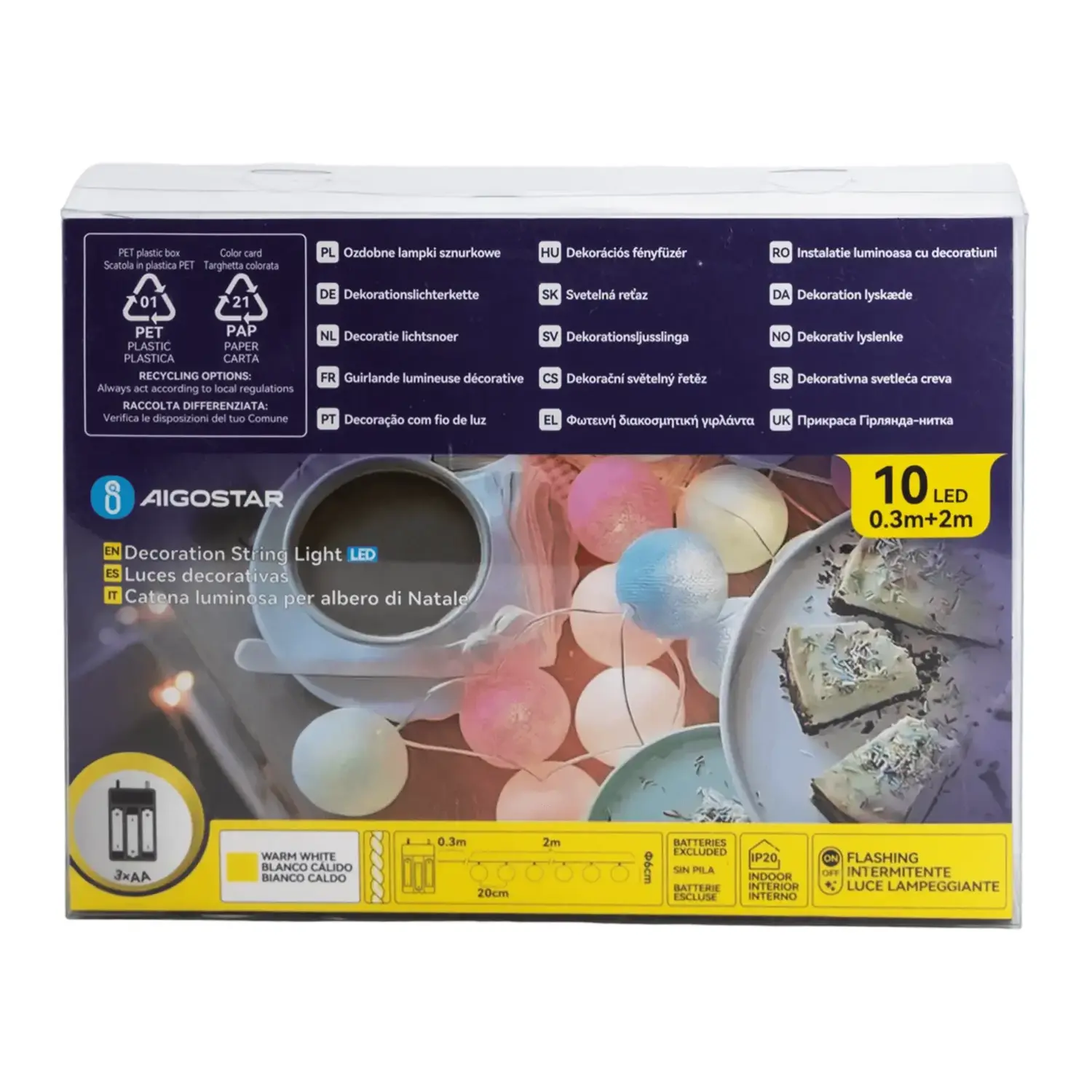 immagine Catena luminosa a batteria 3AA, luci a batuffoli colori misti pastello, bianco caldo 2m