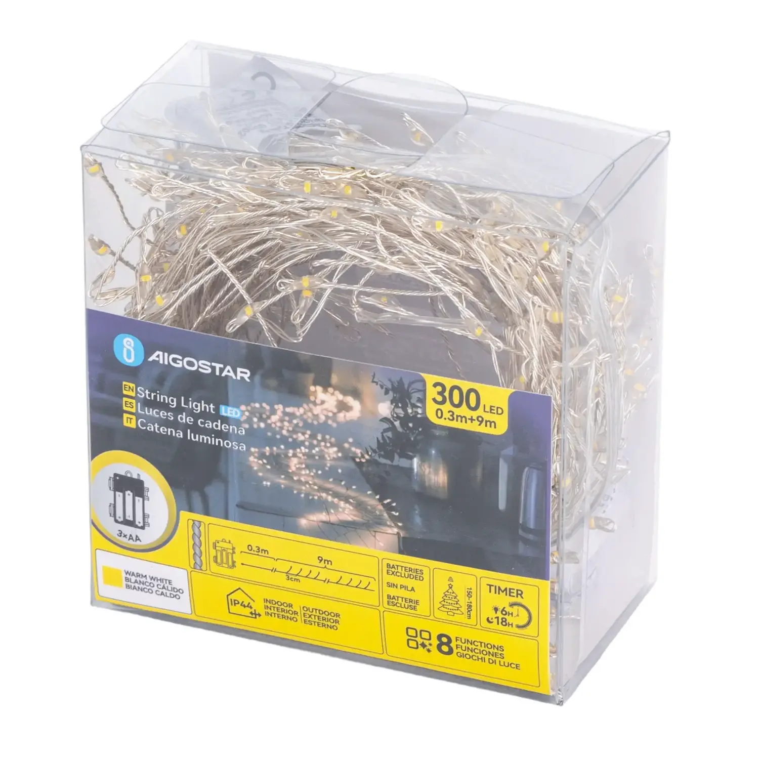 immagine Catena luminosa a batteria 3AA, luci a petardo, cavo in rame, bianco caldo 9m IP44, Interno&Esterno