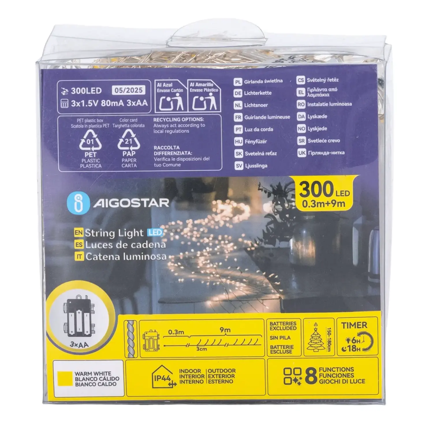 immagine Catena luminosa a batteria 3AA, luci a petardo, cavo in rame, bianco caldo 9m IP44, Interno&Esterno