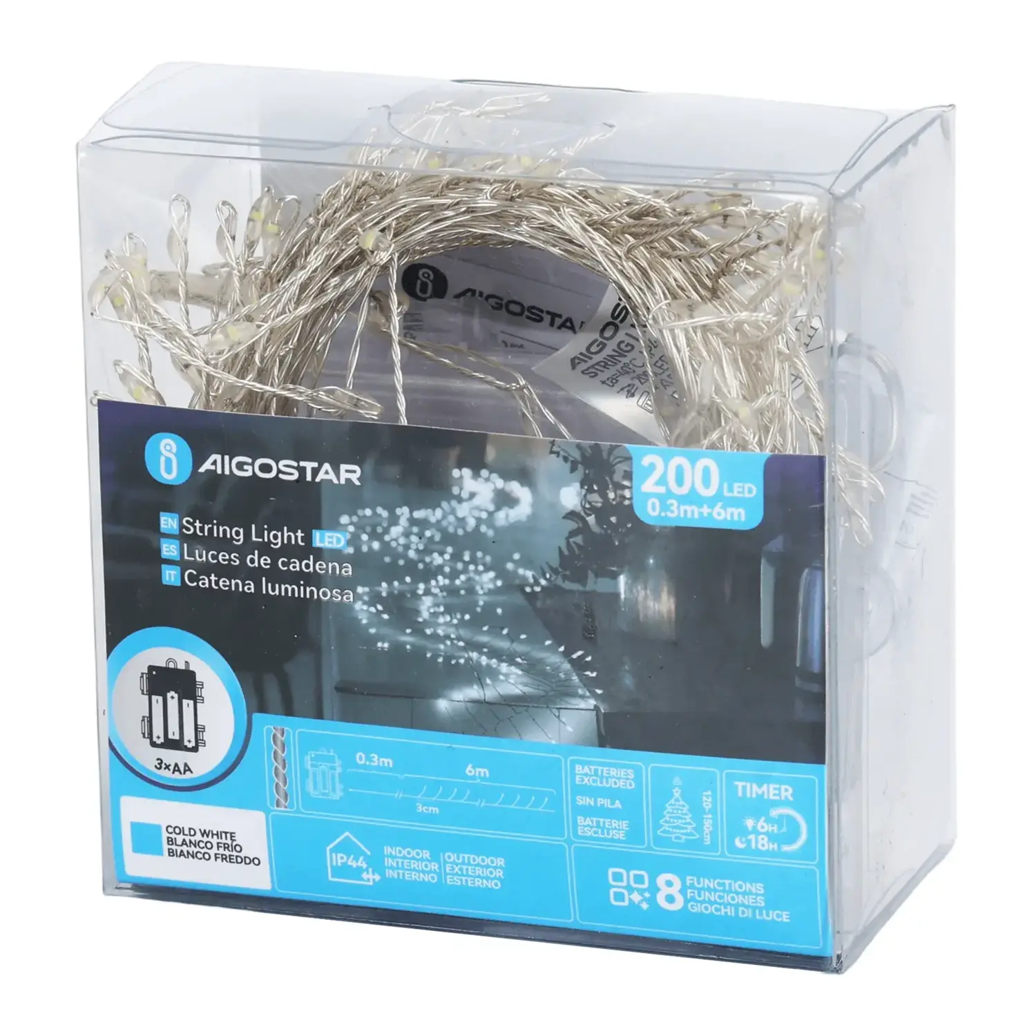 immagine Catena luminosa a batteria 3AA, luci a petardo, cavo in rame, bianco freddo 6m IP44, Interno&Esterno