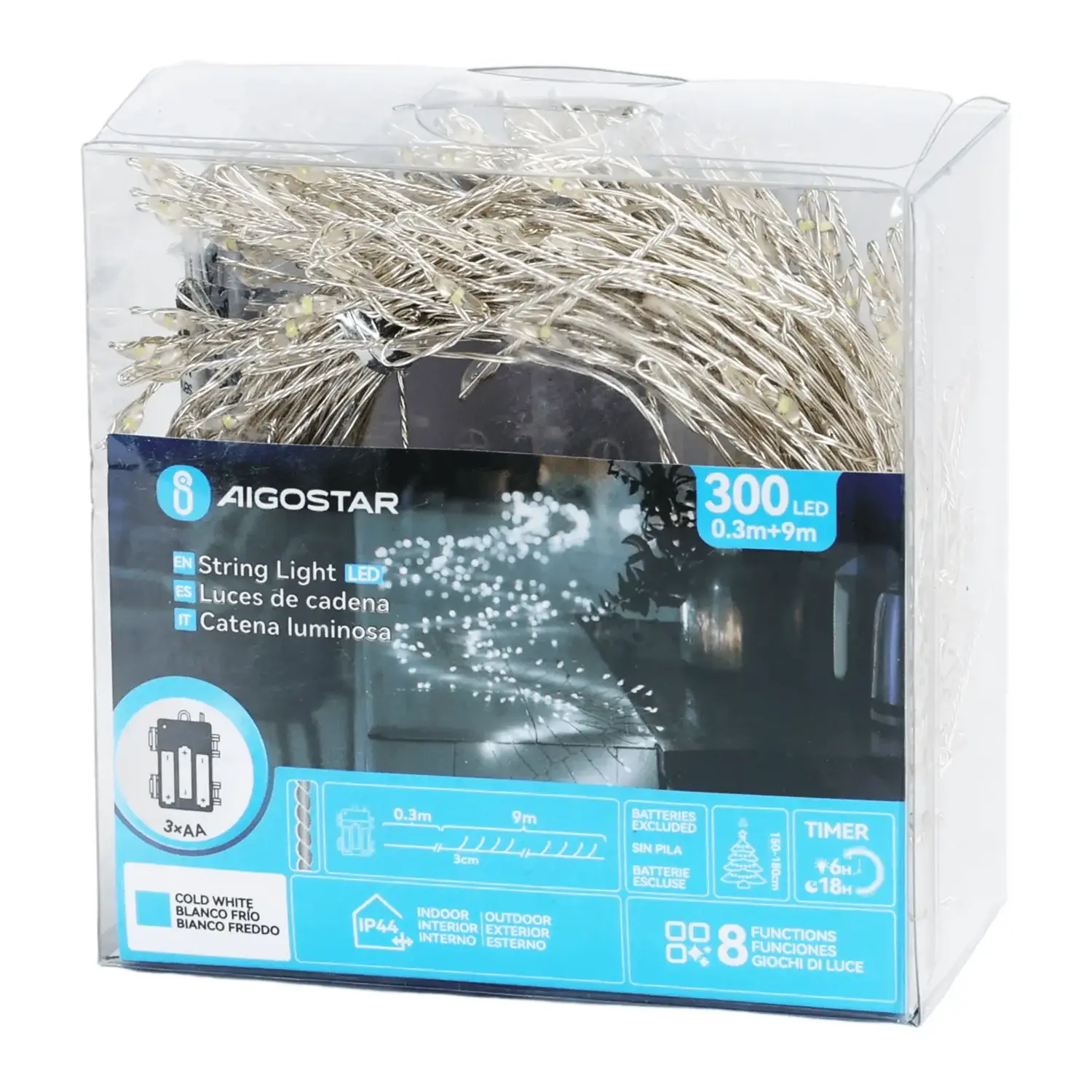 immagine Catena luminosa a batteria 3AA, luci a petardo, cavo in rame, bianco freddo 9m IP44, Interno&Esterno