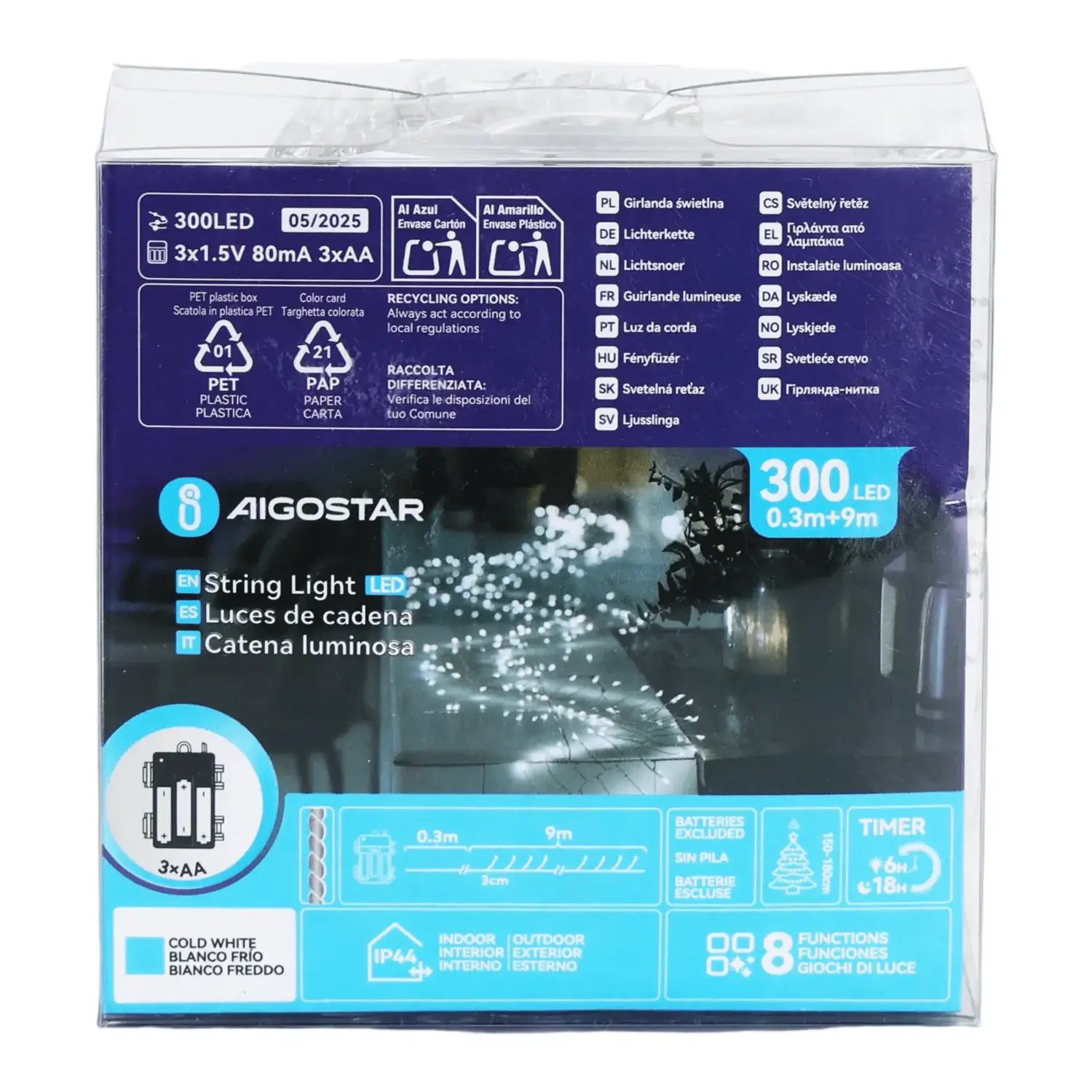 immagine Catena luminosa a batteria 3AA, luci a petardo, cavo in rame, bianco freddo 9m IP44, Interno&Esterno