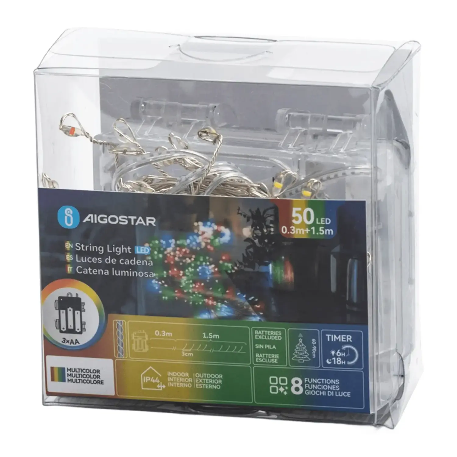 immagine Catena luminosa a batteria 3AA, luci a petardo, cavo in rame, RGBY 1.5m IP44, Interno&Esterno