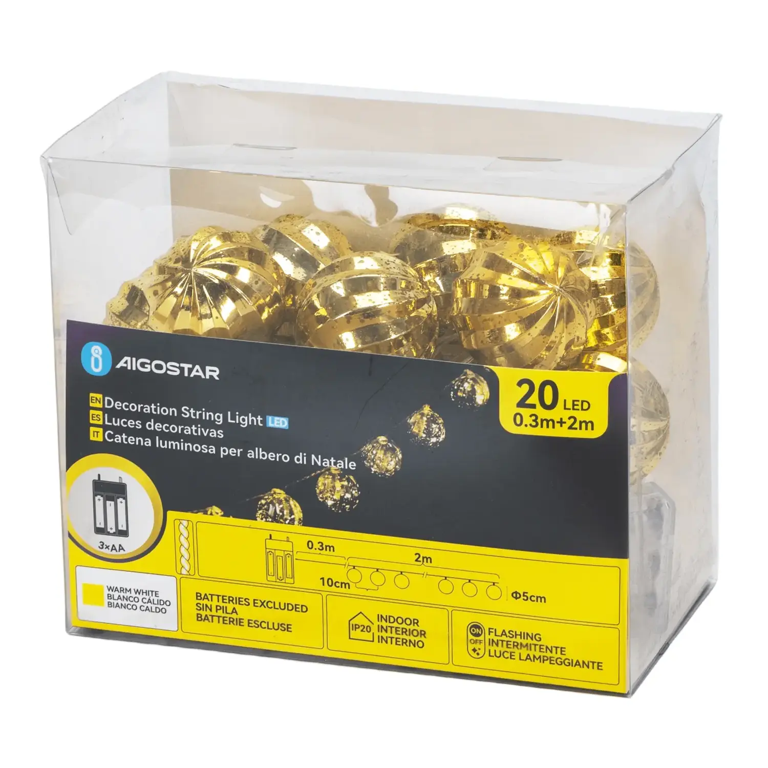 immagine Catena luminosa a batteria 3AA, palline di Natale dorate, bianco caldo 2m IP44, Interno&Esterno