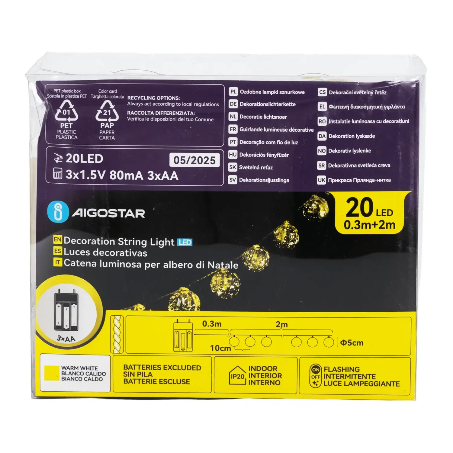 immagine Catena luminosa a batteria 3AA, palline di Natale dorate, bianco caldo 2m IP44, Interno&Esterno