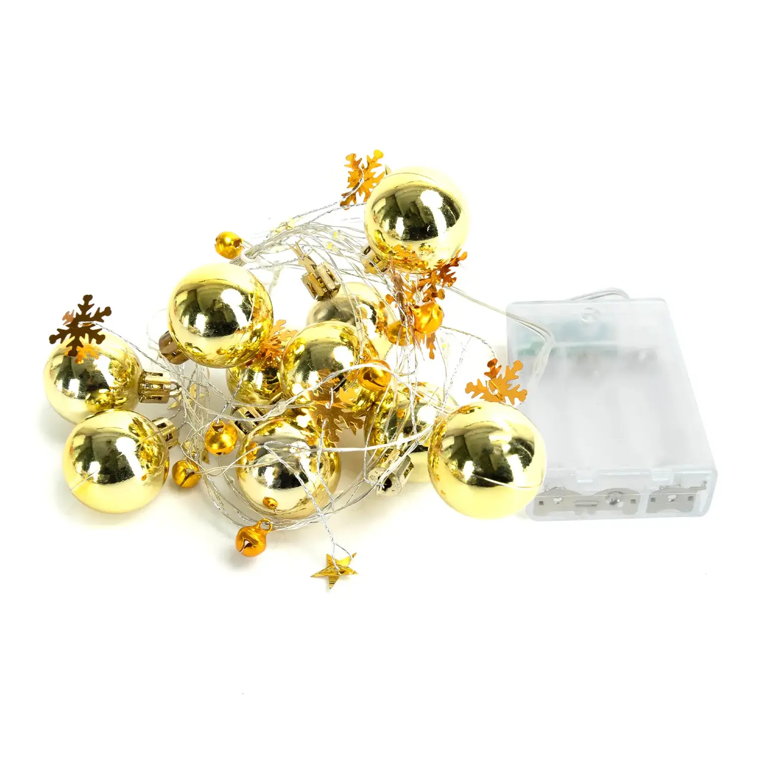 immagine Catena luminosa a batteria 3AA, palline di Natale e fiocchi di neve dorati, bianco caldo 2m IP44, Interno&Esterno