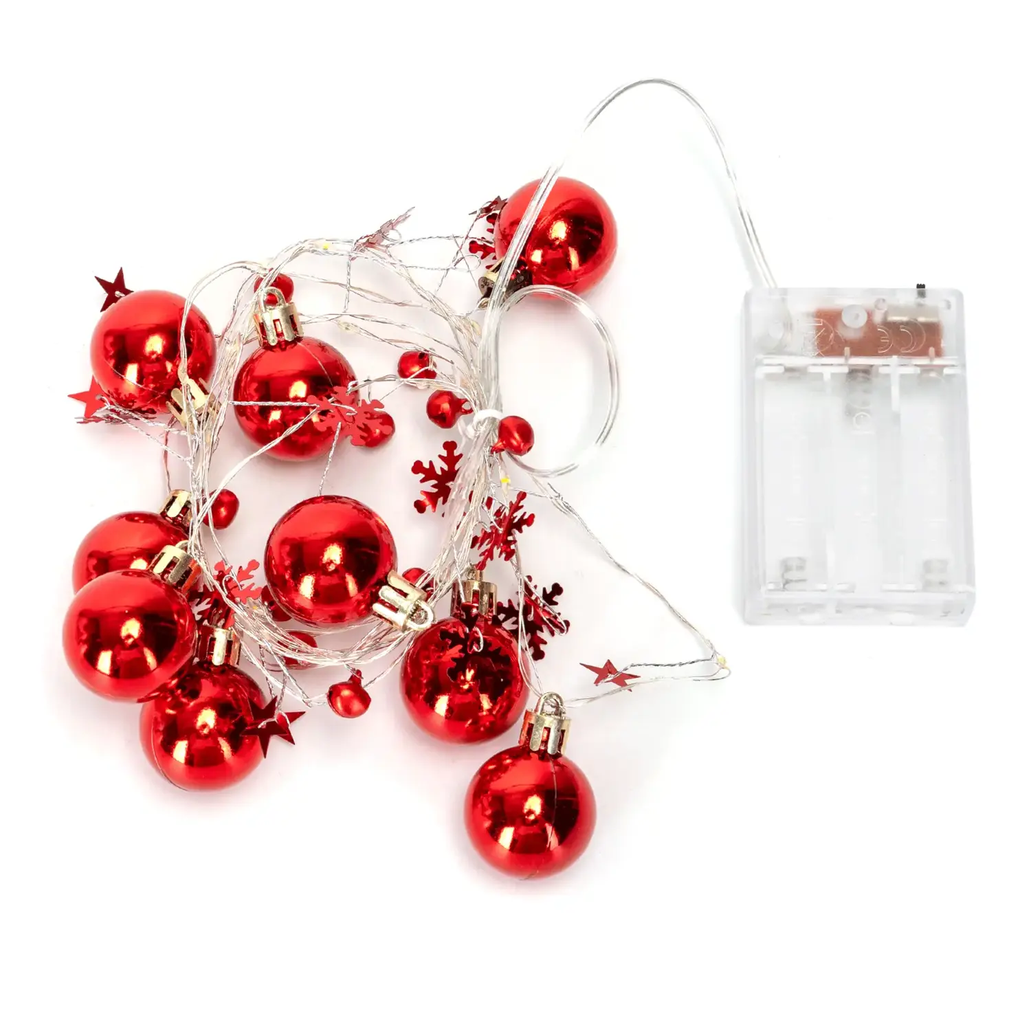 immagine Catena luminosa a batteria 3AA, palline di Natale e stelline rosse, bianco caldo 2m IP44, Interno&Esterno
