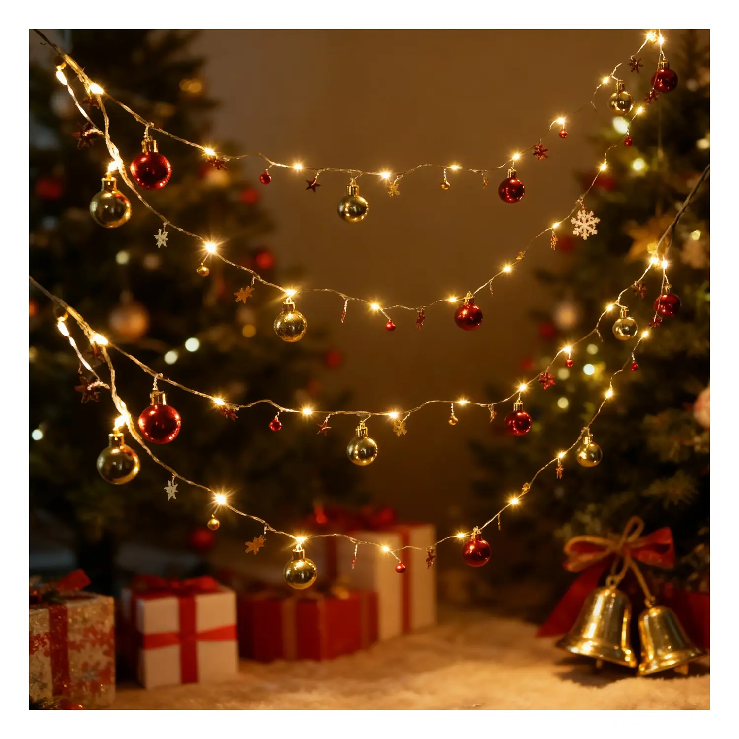 immagine del prodotto Catena luminosa a batteria 3AA, palline di Natale e stelline rosse e oro, bianco caldo 2m IP44, Interno&Esterno