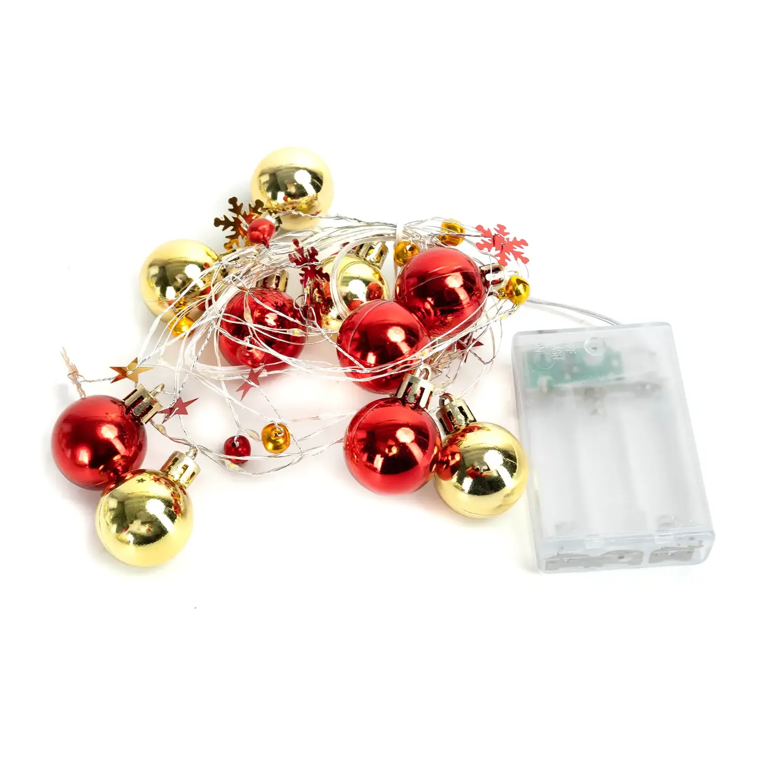 immagine Catena luminosa a batteria 3AA, palline di Natale e stelline rosse e oro, bianco caldo 2m IP44, Interno&Esterno