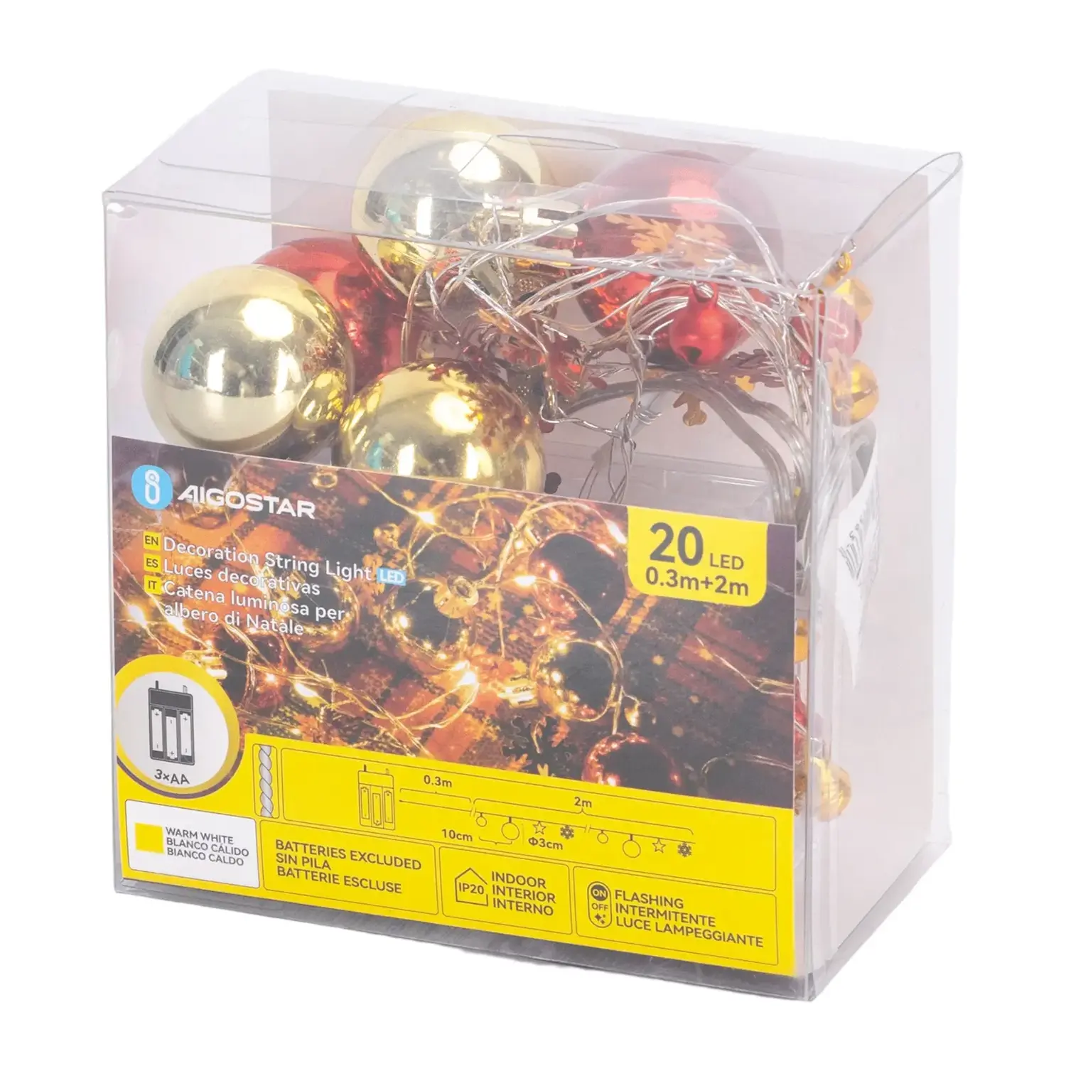 immagine Catena luminosa a batteria 3AA, palline di Natale e stelline rosse e oro, bianco caldo 2m IP44, Interno&Esterno