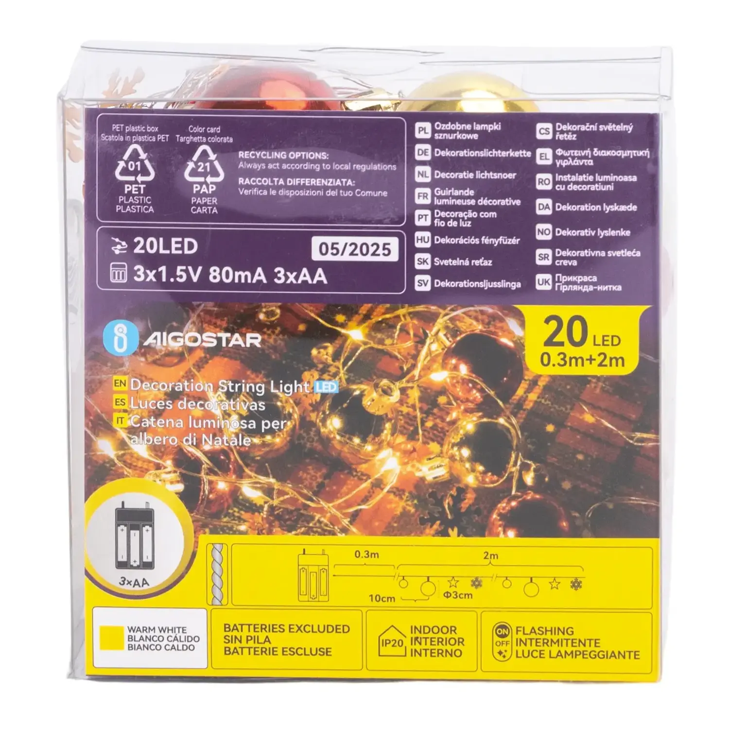 immagine Catena luminosa a batteria 3AA, palline di Natale e stelline rosse e oro, bianco caldo 2m IP44, Interno&Esterno