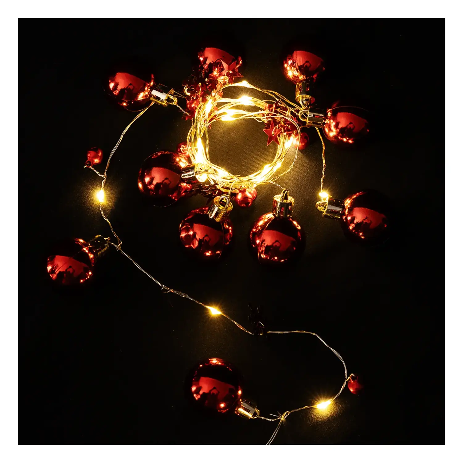 immagine del prodotto Catena luminosa a batteria 3AA, palline di Natale piccole e grandi rosse, bianco caldo 2m IP44, Interno&Esterno