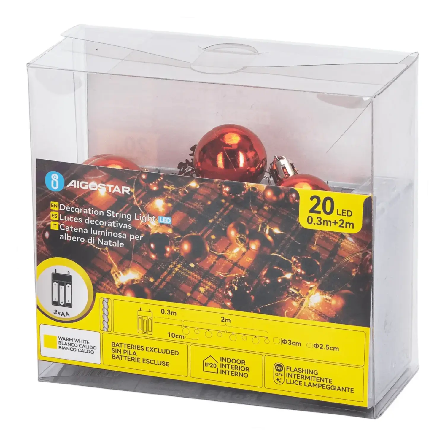 immagine Catena luminosa a batteria 3AA, palline di Natale piccole e grandi rosse, bianco caldo 2m IP44, Interno&Esterno