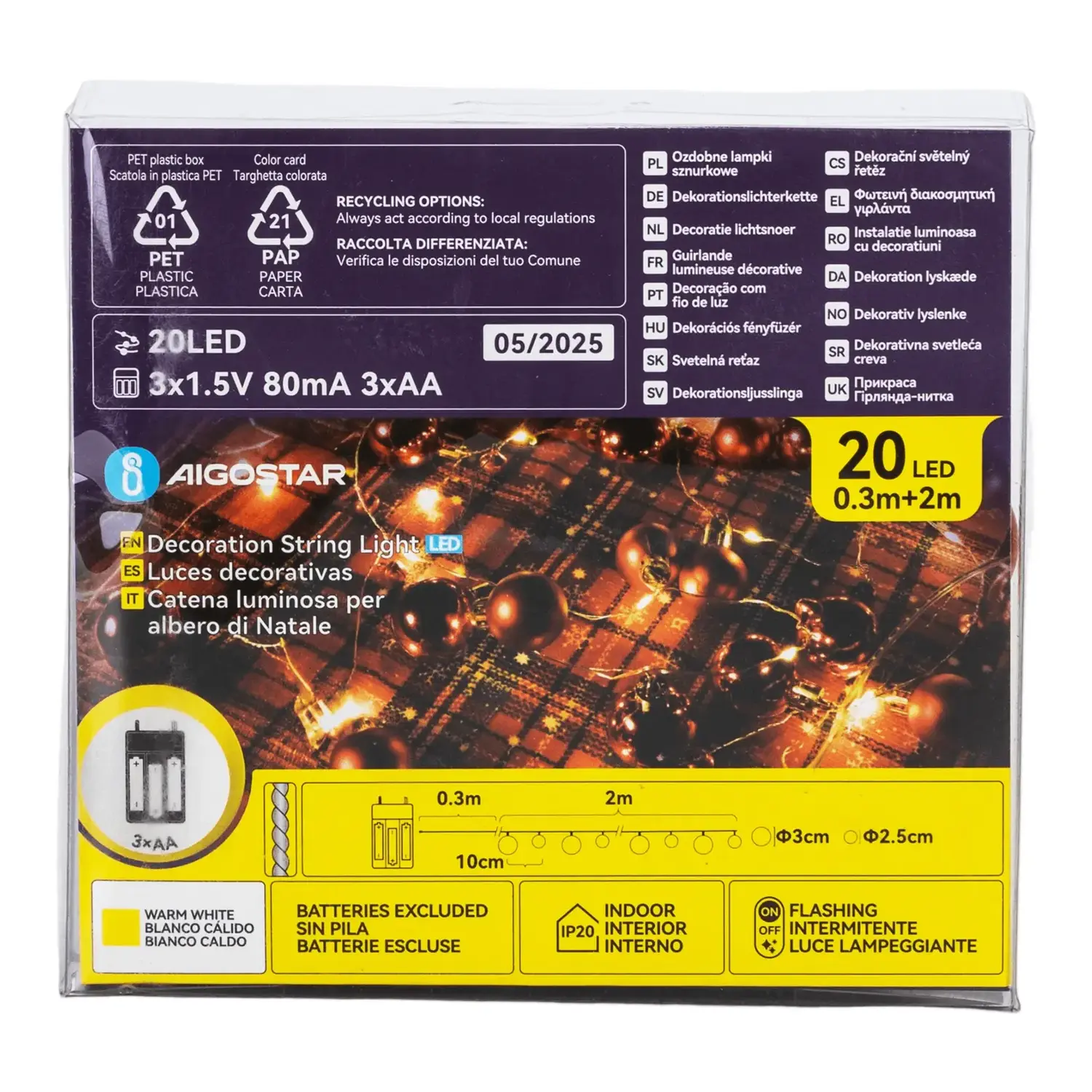 immagine Catena luminosa a batteria 3AA, palline di Natale piccole e grandi rosse, bianco caldo 2m IP44, Interno&Esterno