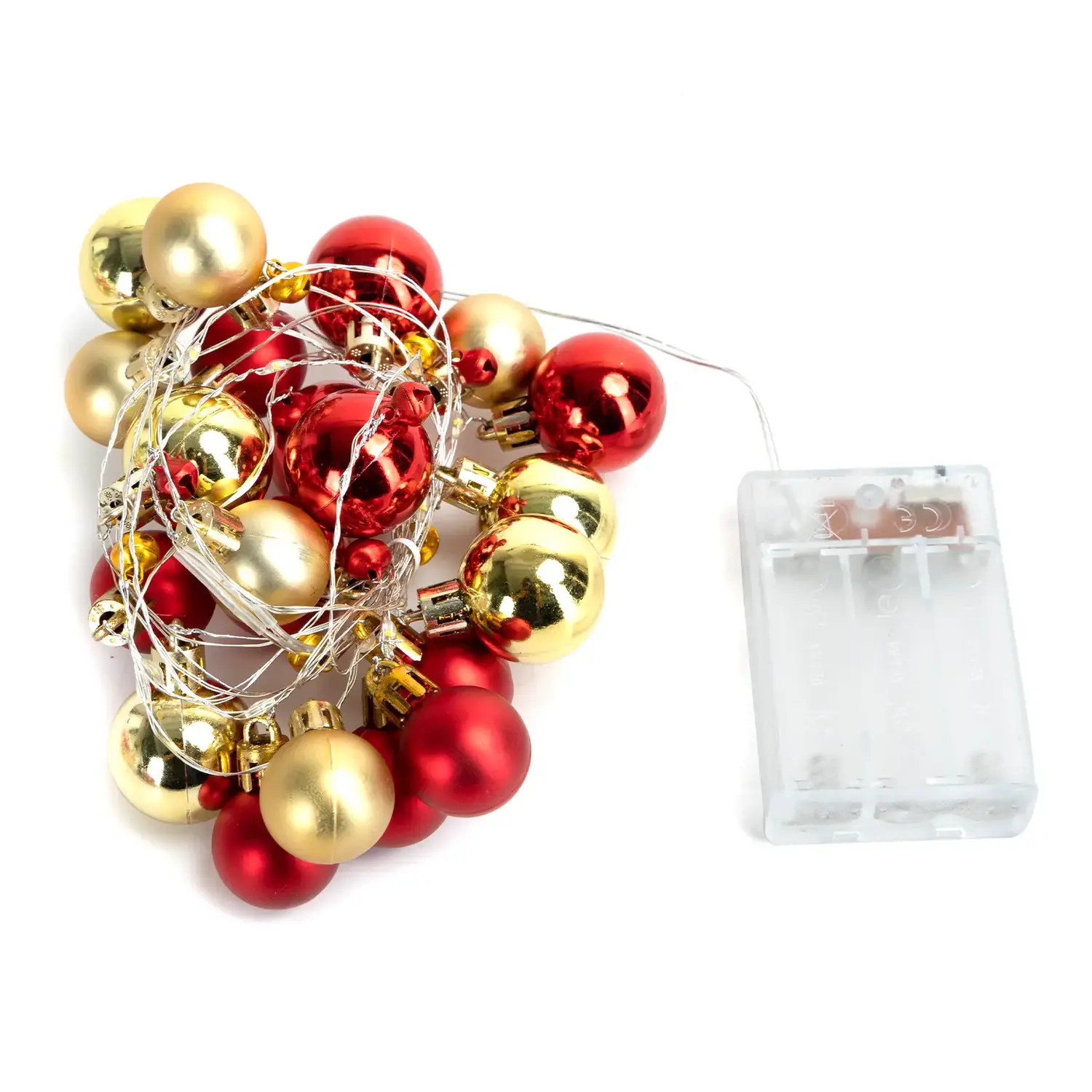 immagine Catena luminosa a batteria 3AA, palline di Natale piccole e grandi rosse e oro, bianco caldo 2m IP44, Interno&Esterno