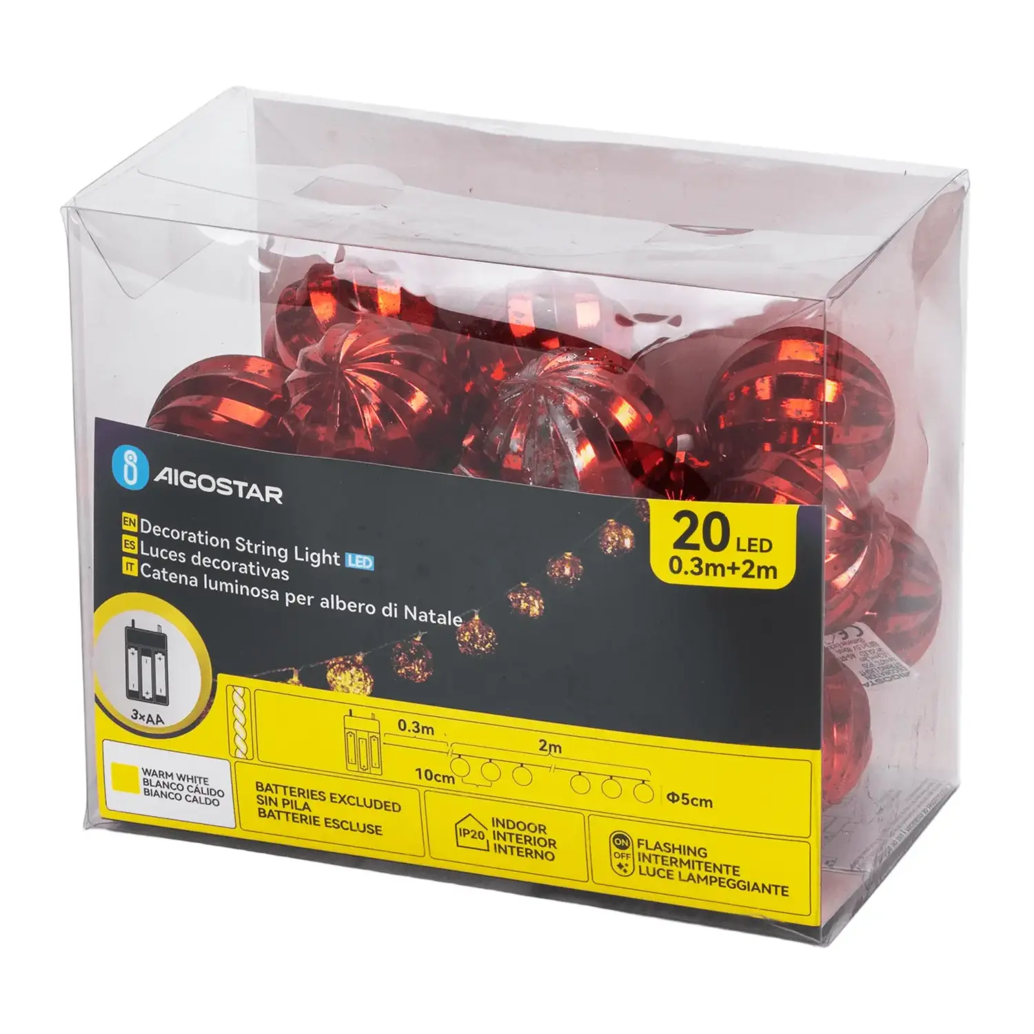 immagine Catena luminosa a batteria 3AA, palline di Natale rosse, bianco caldo 2m IP44, Interno&Esterno