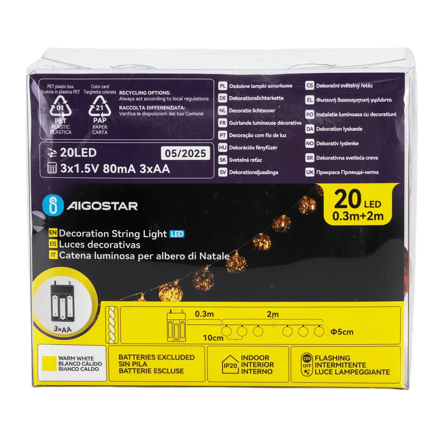 immagine Catena luminosa a batteria 3AA, palline di Natale rosse, bianco caldo 2m IP44, Interno&Esterno