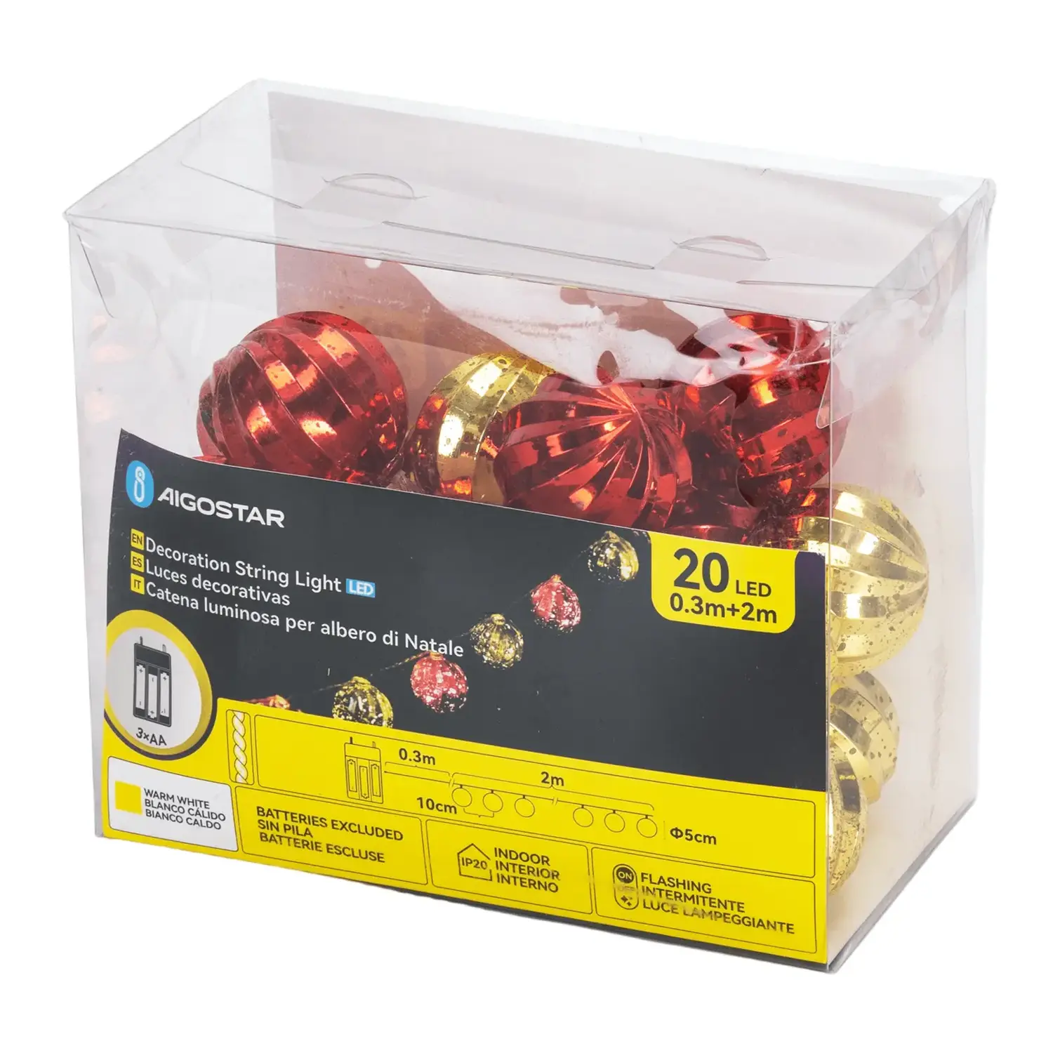 immagine Catena luminosa a batteria 3AA, palline di Natale rosse e oro, bianco caldo 2m IP44, Interno&Esterno