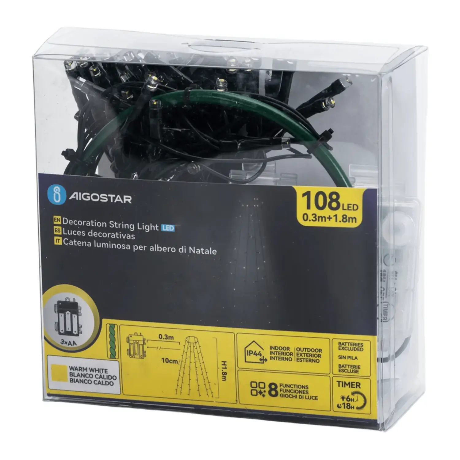 immagine Catena luminosa a batteria 3AA per albero di Natale, bianco caldo 1.8m IP44, Interno&Esterno