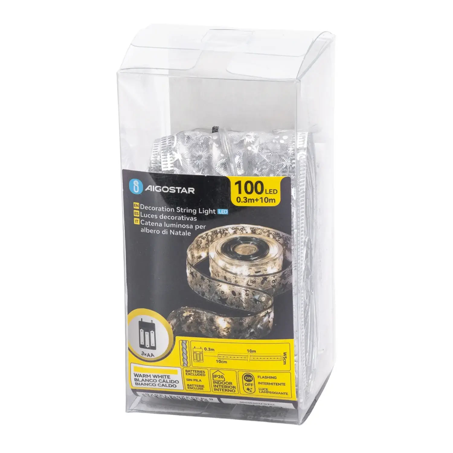 immagine Catena luminosa a batteria 3AA per albero di Natale, nastro argentato 5cm, bianco caldo 10m IP44, Interno&Esterno