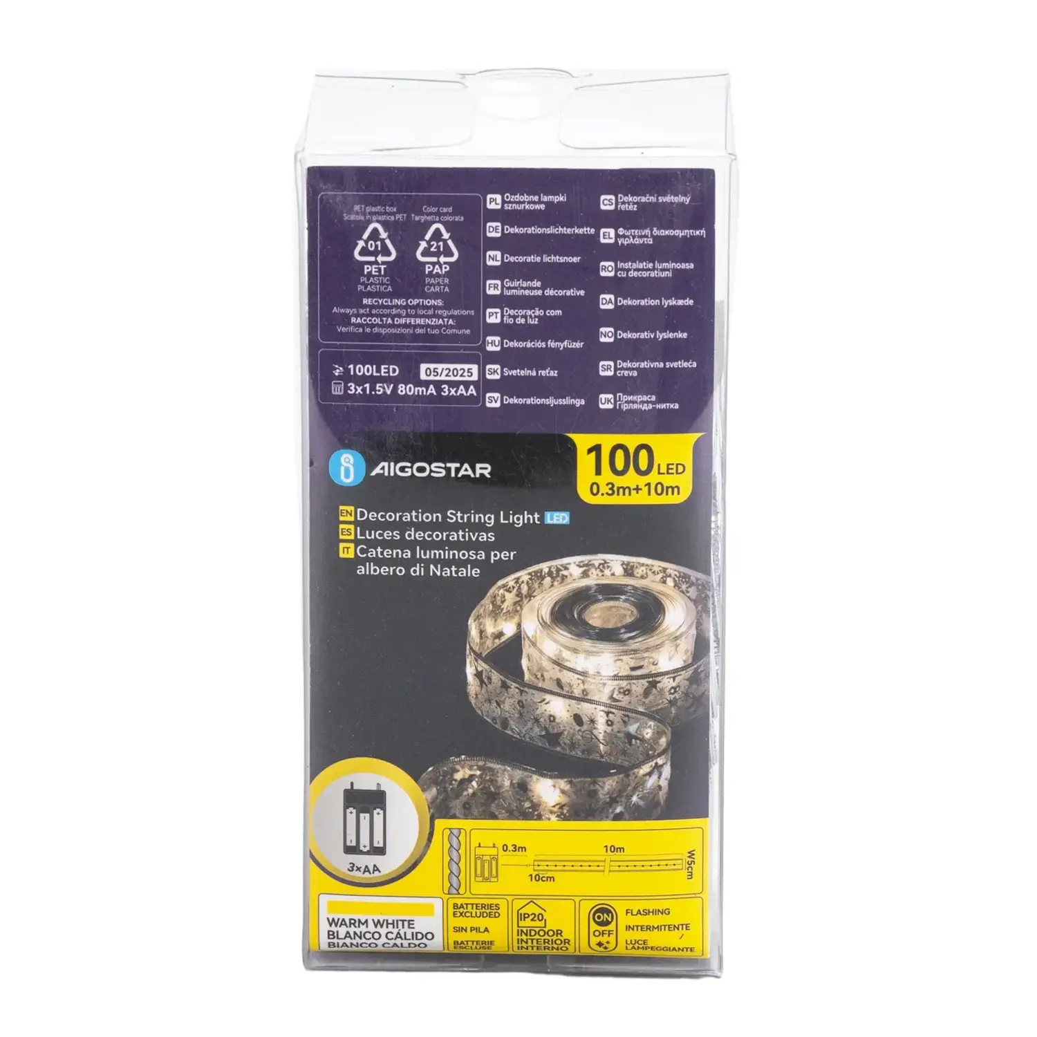 immagine Catena luminosa a batteria 3AA per albero di Natale, nastro argentato 5cm, bianco caldo 10m IP44, Interno&Esterno