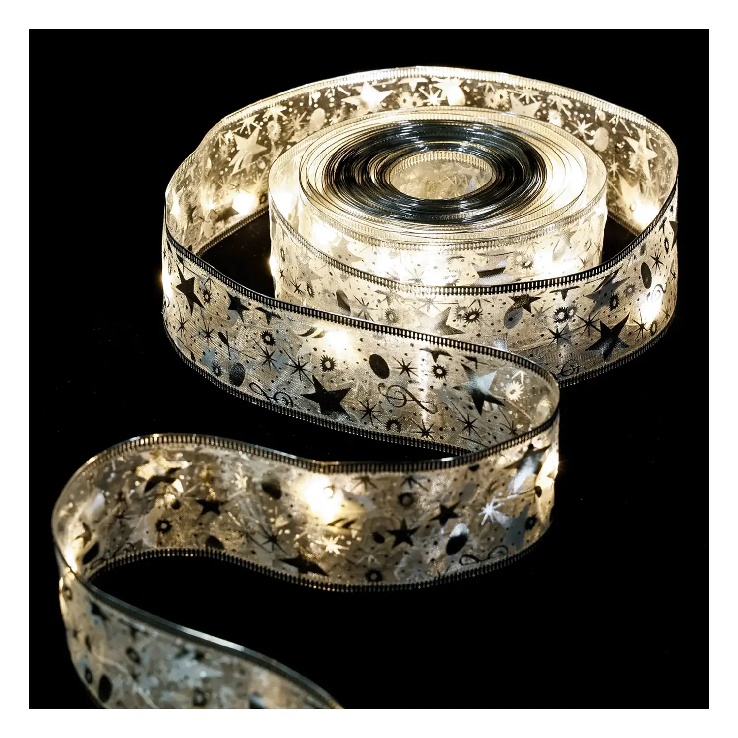 immagine del prodotto Catena luminosa a batteria 3AA per albero di Natale, nastro argentato 5cm, bianco caldo 2m IP44, Interno&Esterno