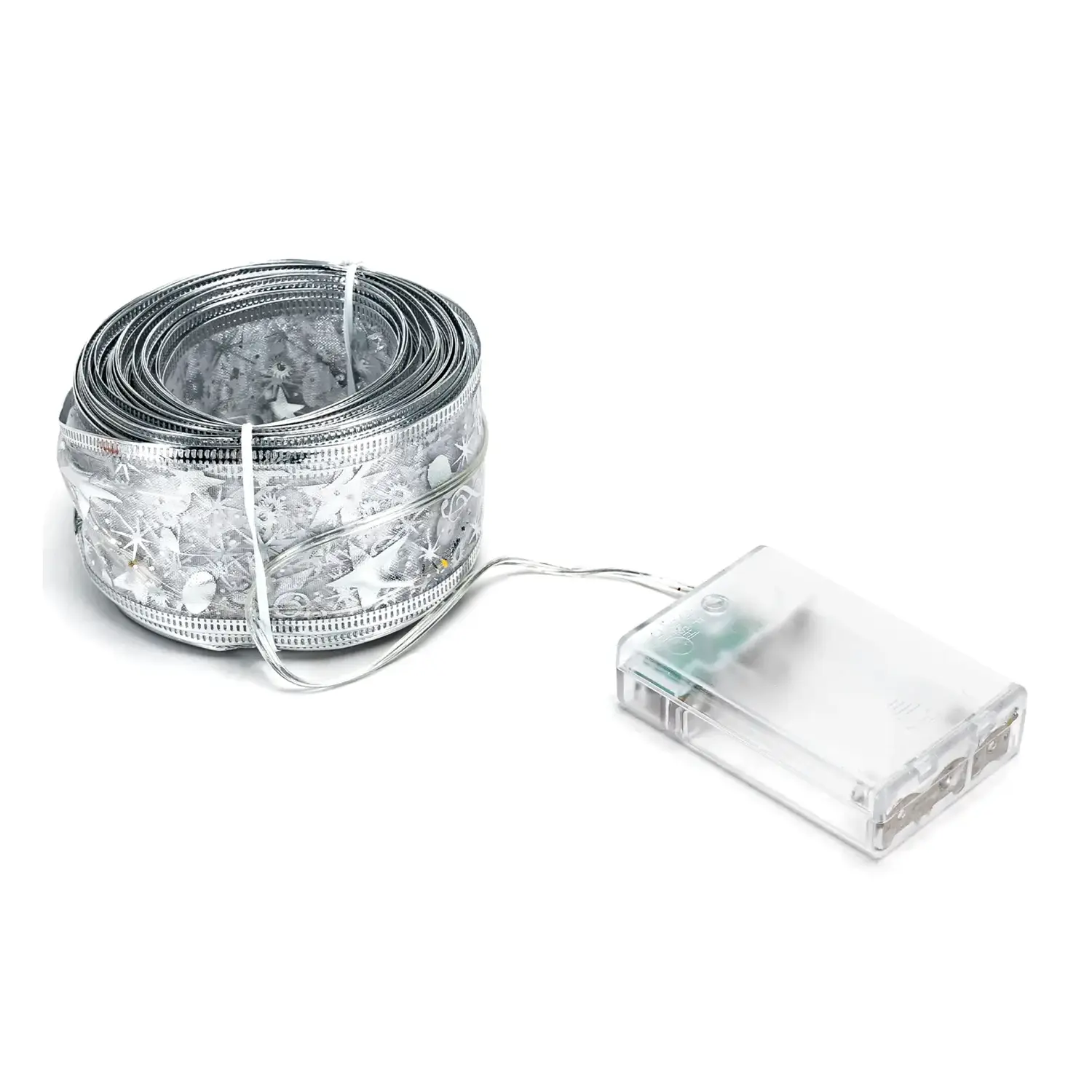 immagine Catena luminosa a batteria 3AA per albero di Natale, nastro argentato 5cm, bianco caldo 2m IP44, Interno&Esterno