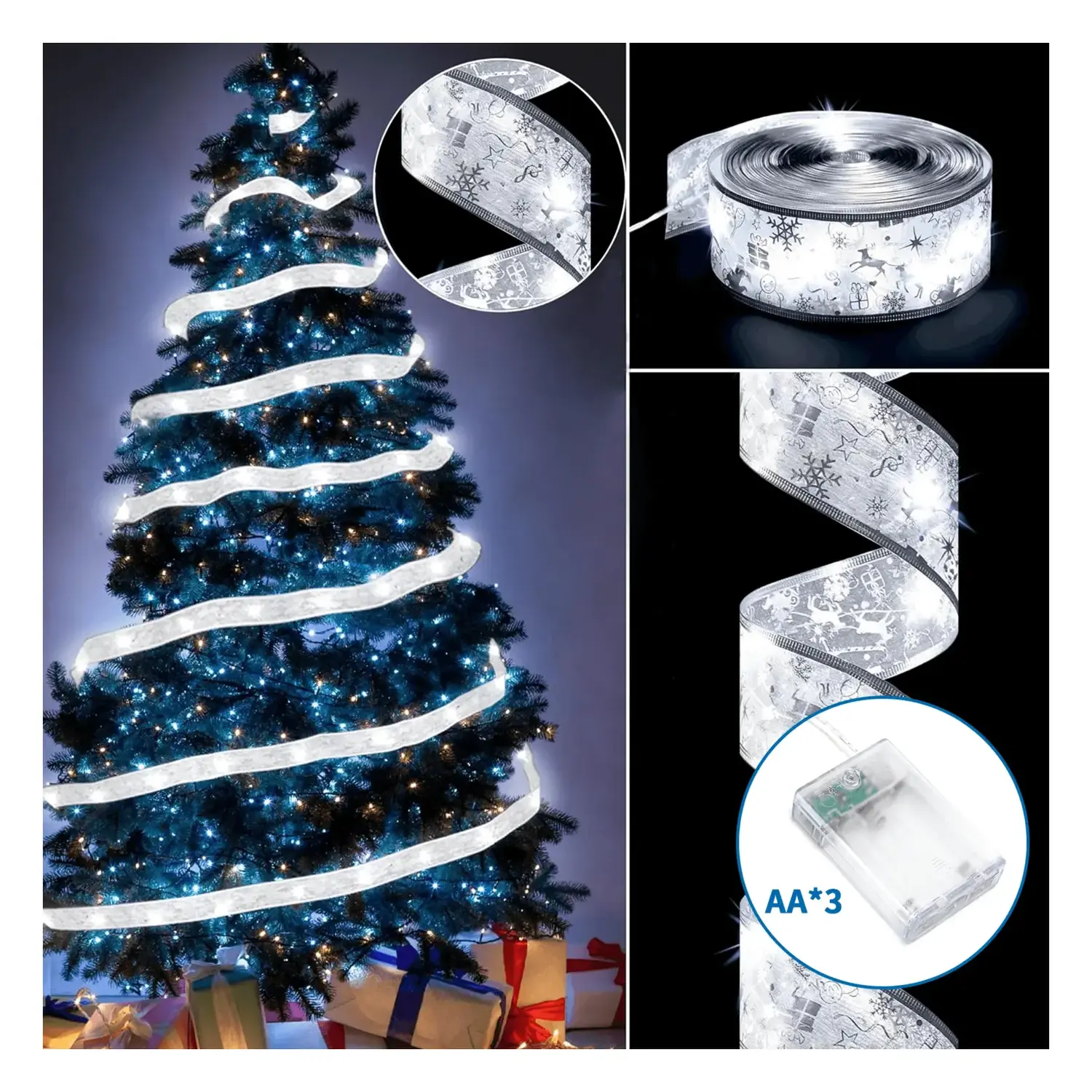 immagine Catena luminosa a batteria 3AA per albero di Natale, nastro argentato 5cm, bianco caldo 2m IP44, Interno&Esterno
