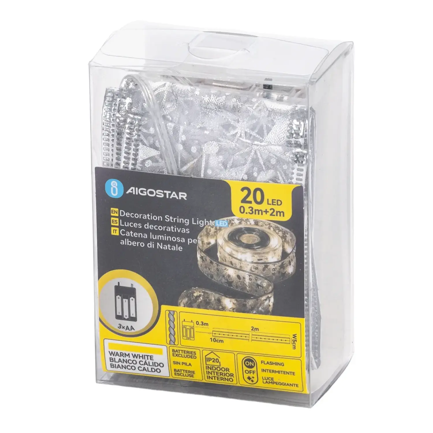 immagine Catena luminosa a batteria 3AA per albero di Natale, nastro argentato 5cm, bianco caldo 2m IP44, Interno&Esterno