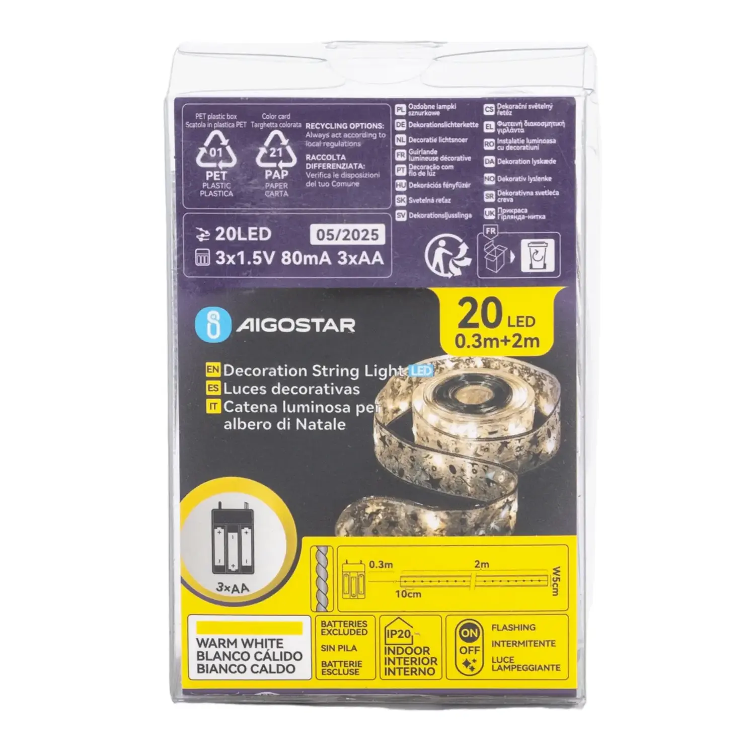 immagine Catena luminosa a batteria 3AA per albero di Natale, nastro argentato 5cm, bianco caldo 2m IP44, Interno&Esterno