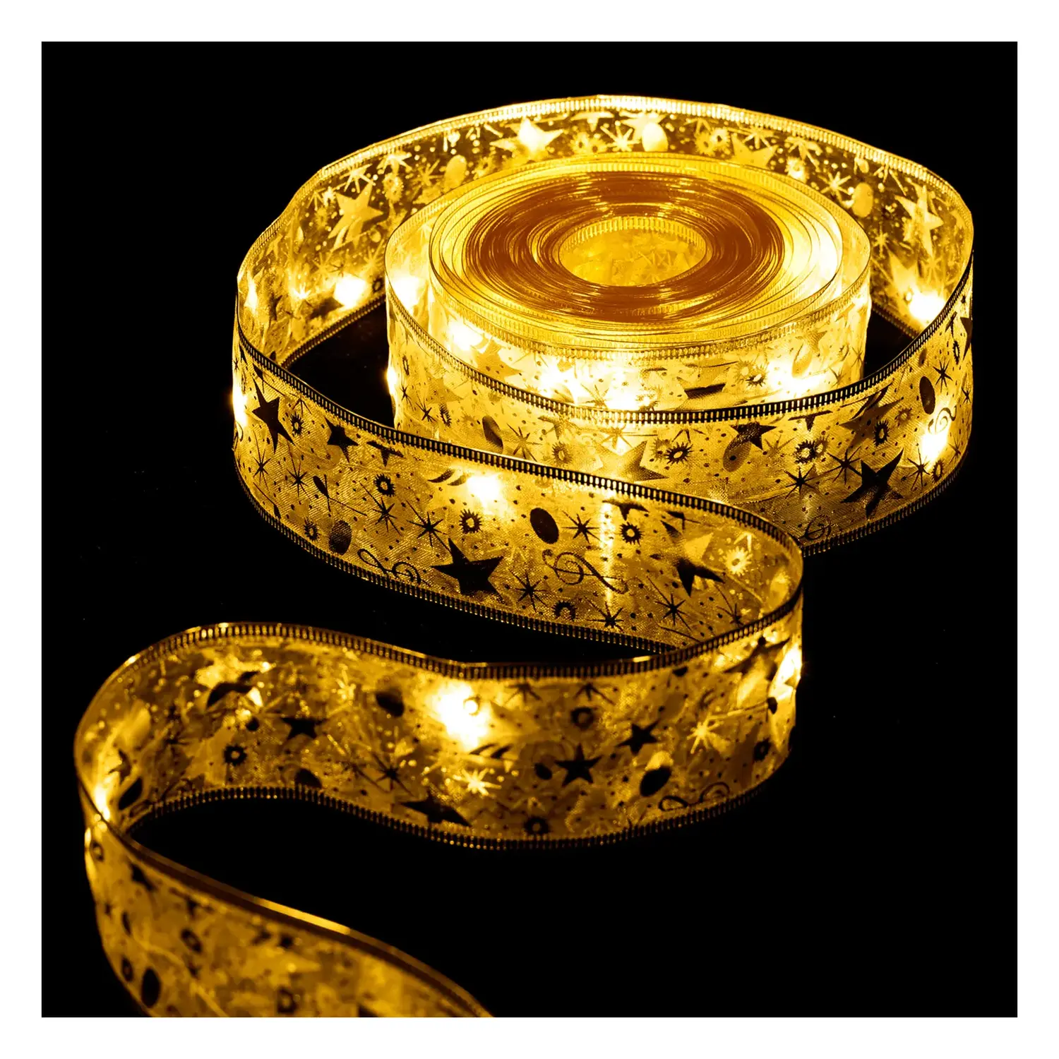 immagine del prodotto Catena luminosa a batteria 3AA per albero di Natale, nastro dorato 5cm, bianco caldo 10m IP44, Interno&Esterno