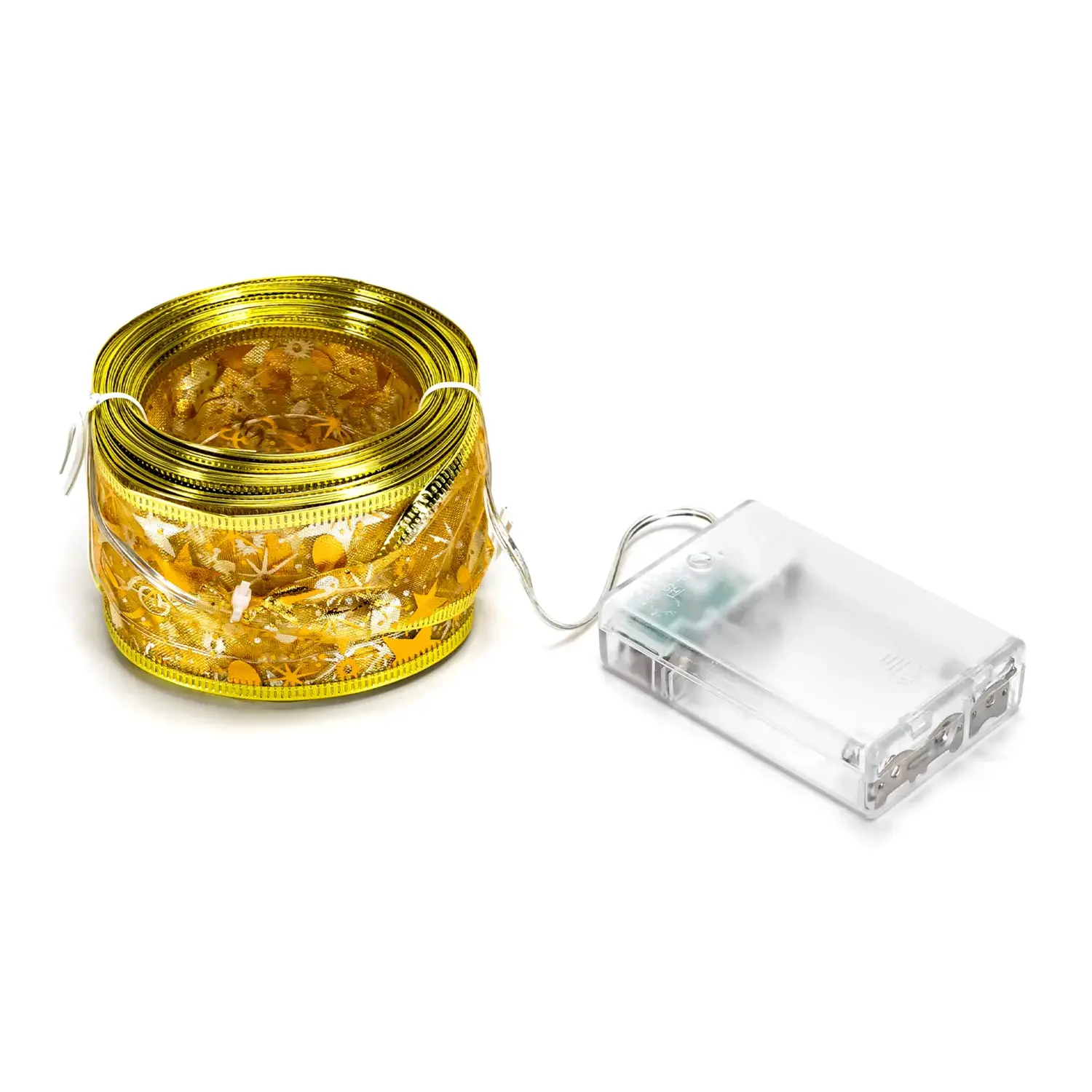 immagine Catena luminosa a batteria 3AA per albero di Natale, nastro dorato 5cm, bianco caldo 10m IP44, Interno&Esterno