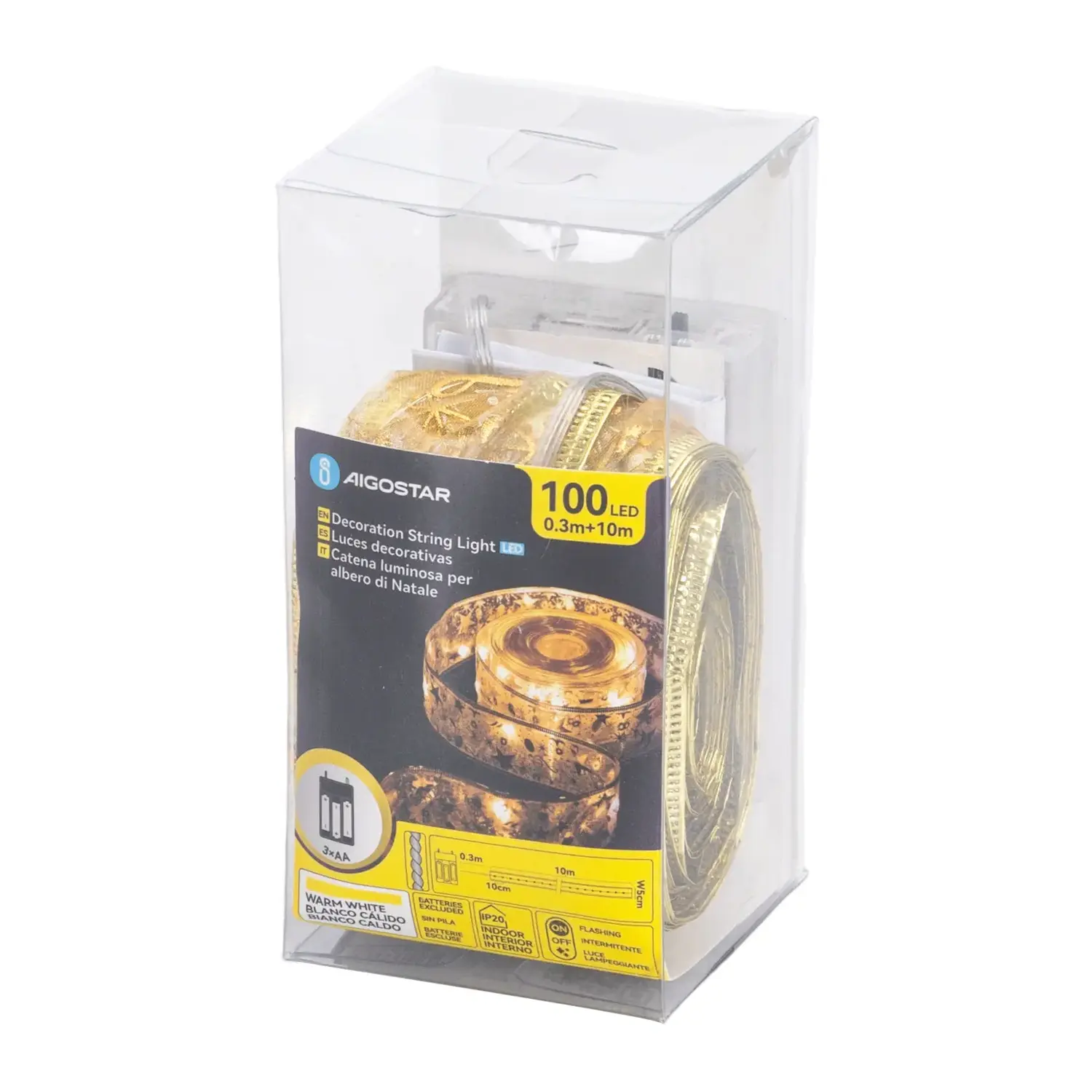 immagine Catena luminosa a batteria 3AA per albero di Natale, nastro dorato 5cm, bianco caldo 10m IP44, Interno&Esterno