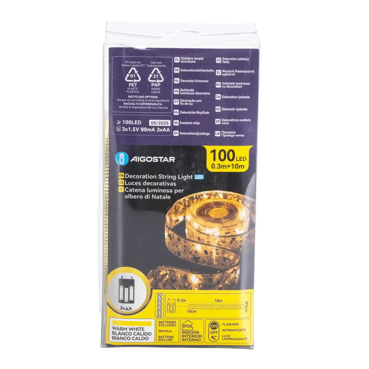 immagine Catena luminosa a batteria 3AA per albero di Natale, nastro dorato 5cm, bianco caldo 10m IP44, Interno&Esterno