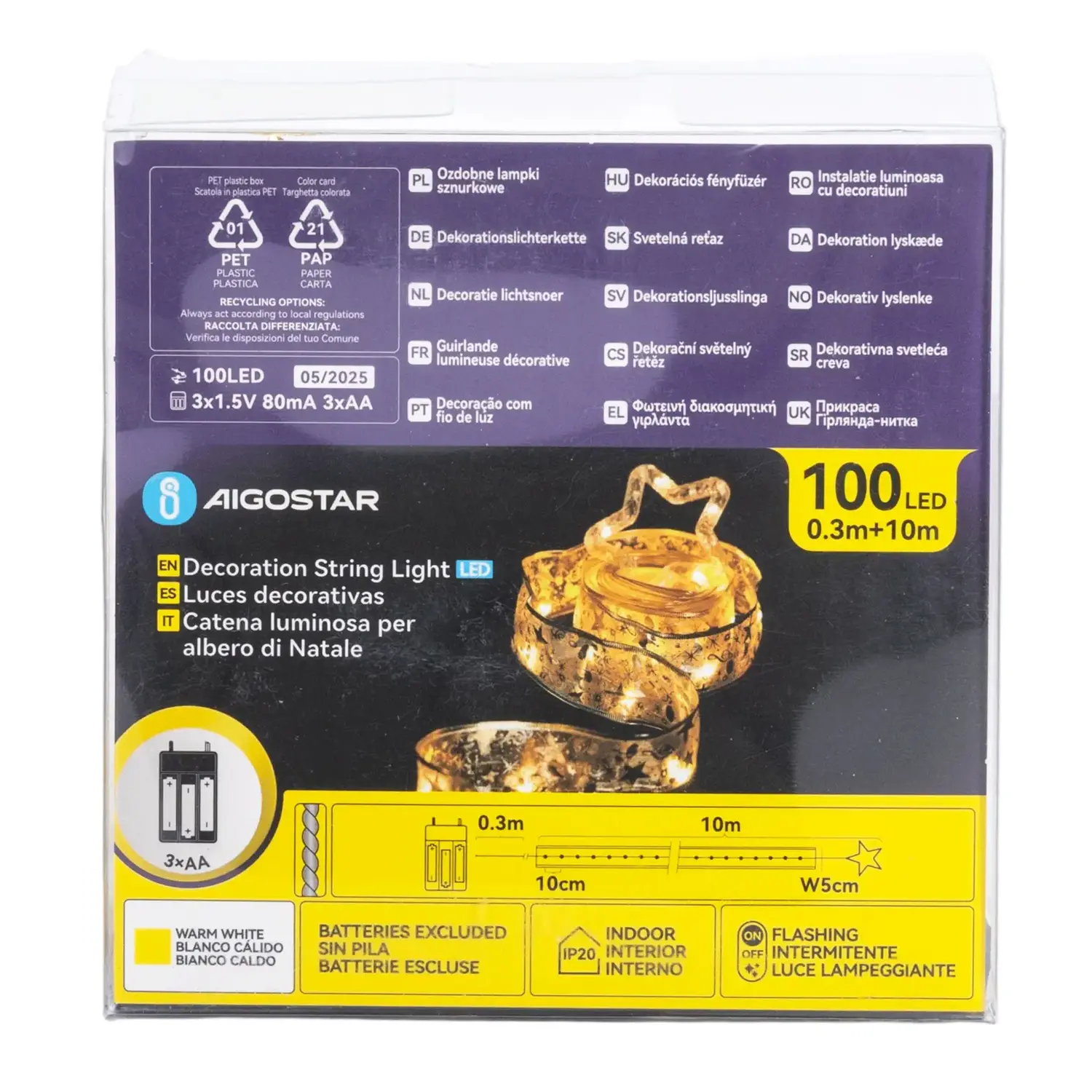 immagine Catena luminosa a batteria 3AA per albero di Natale, nastro dorato con puntale a stella, bianco caldo 10m IP44, Interno&Esterno