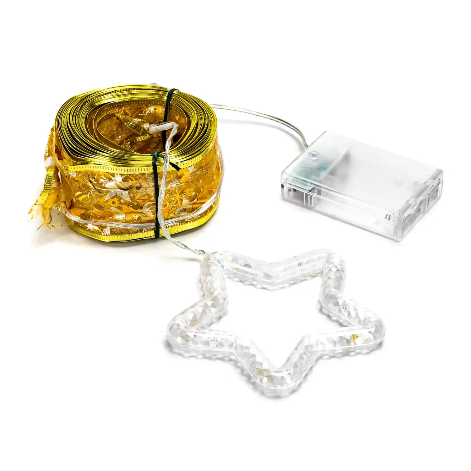 immagine Catena luminosa a batteria 3AA per albero di Natale, nastro dorato con puntale a stella, bianco caldo 10m IP44, Interno&Esterno