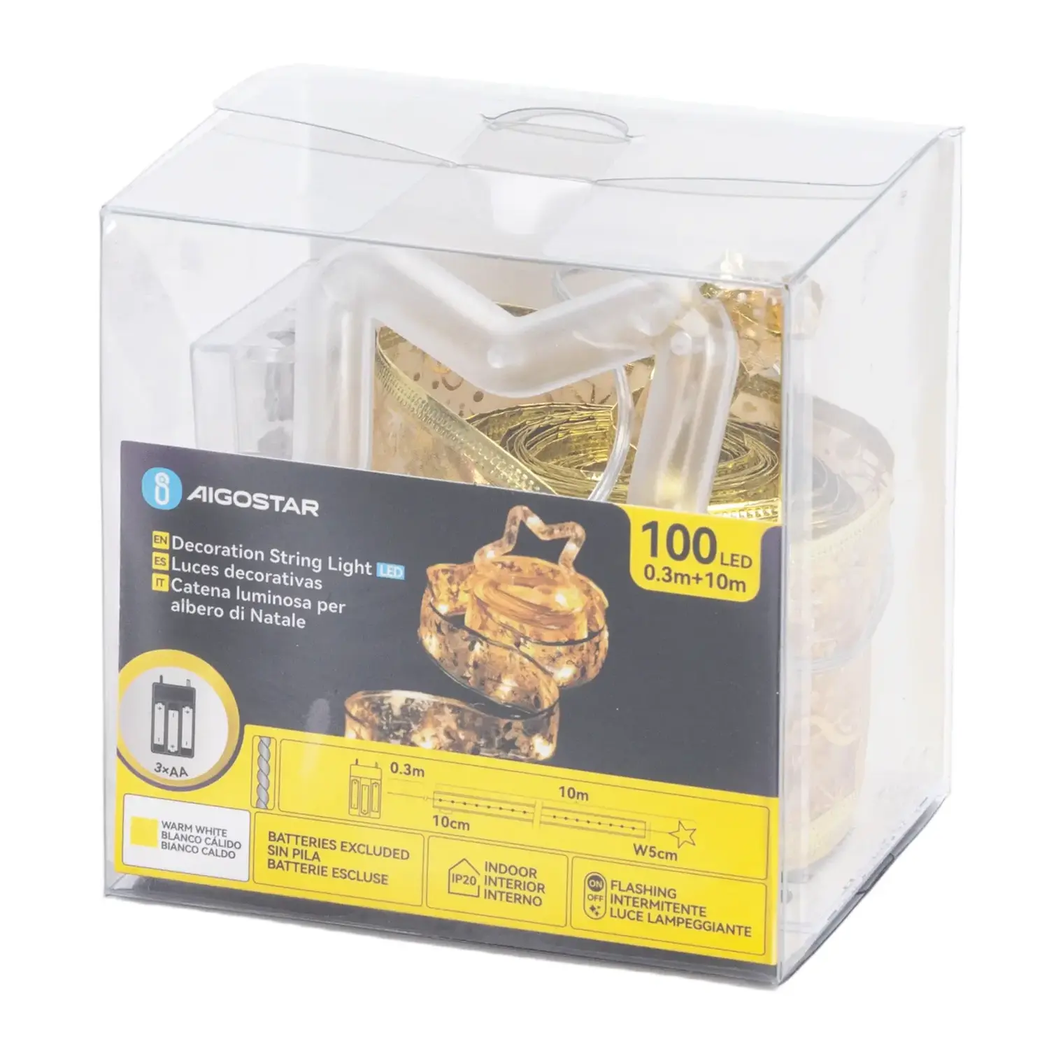 immagine Catena luminosa a batteria 3AA per albero di Natale, nastro dorato con puntale a stella, bianco caldo 10m IP44, Interno&Esterno