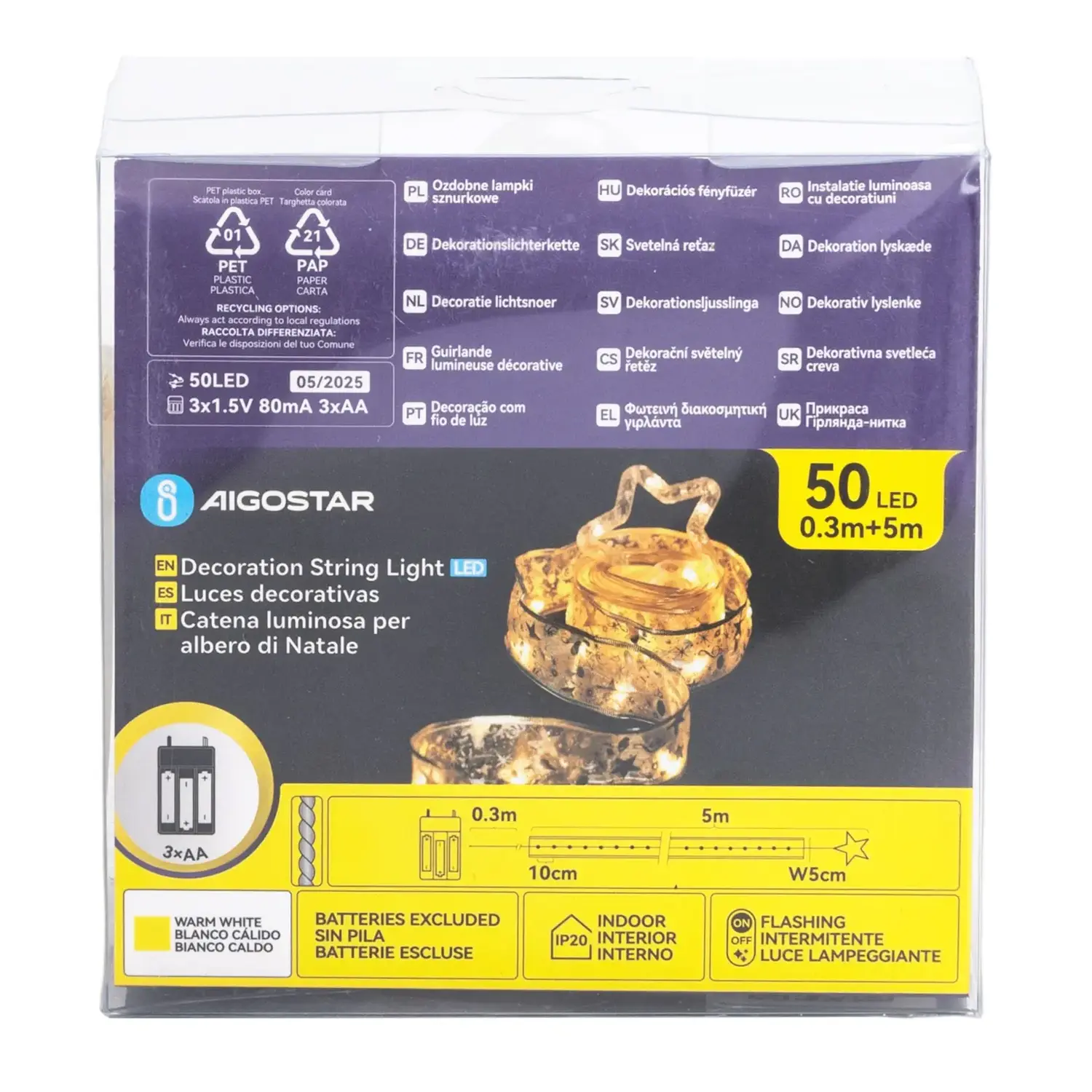 immagine Catena luminosa a batteria 3AA per albero di Natale, nastro dorato con puntale a stella, bianco caldo 5m IP44, Interno&Esterno