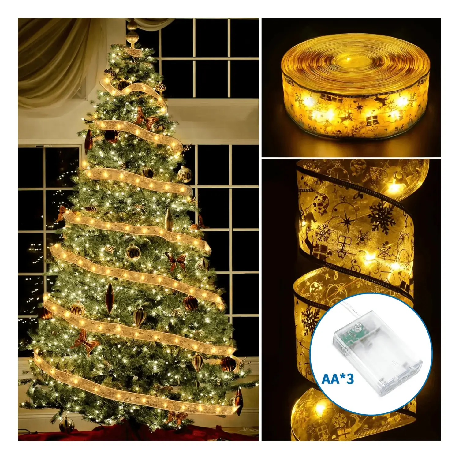 immagine Catena luminosa a batteria 3AA per albero di Natale, nastro dorato con puntale a stella, bianco caldo 5m IP44, Interno&Esterno