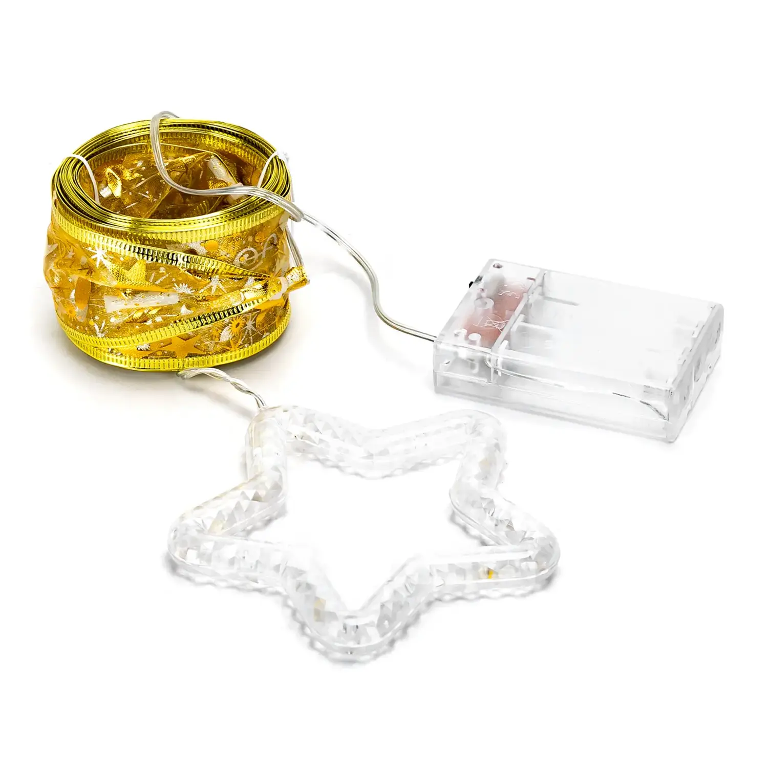 immagine Catena luminosa a batteria 3AA per albero di Natale, nastro dorato con puntale a stella, bianco caldo 5m IP44, Interno&Esterno