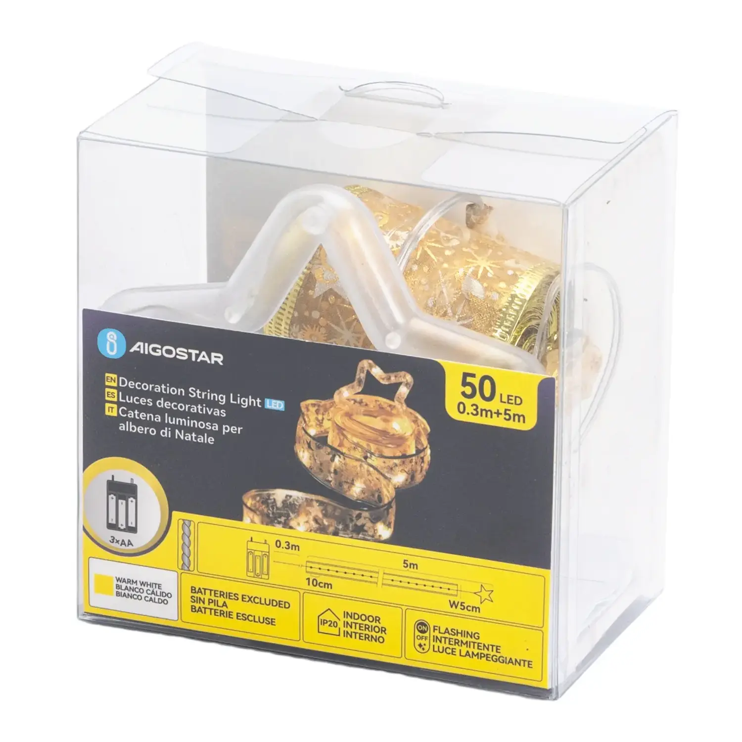 immagine Catena luminosa a batteria 3AA per albero di Natale, nastro dorato con puntale a stella, bianco caldo 5m IP44, Interno&Esterno