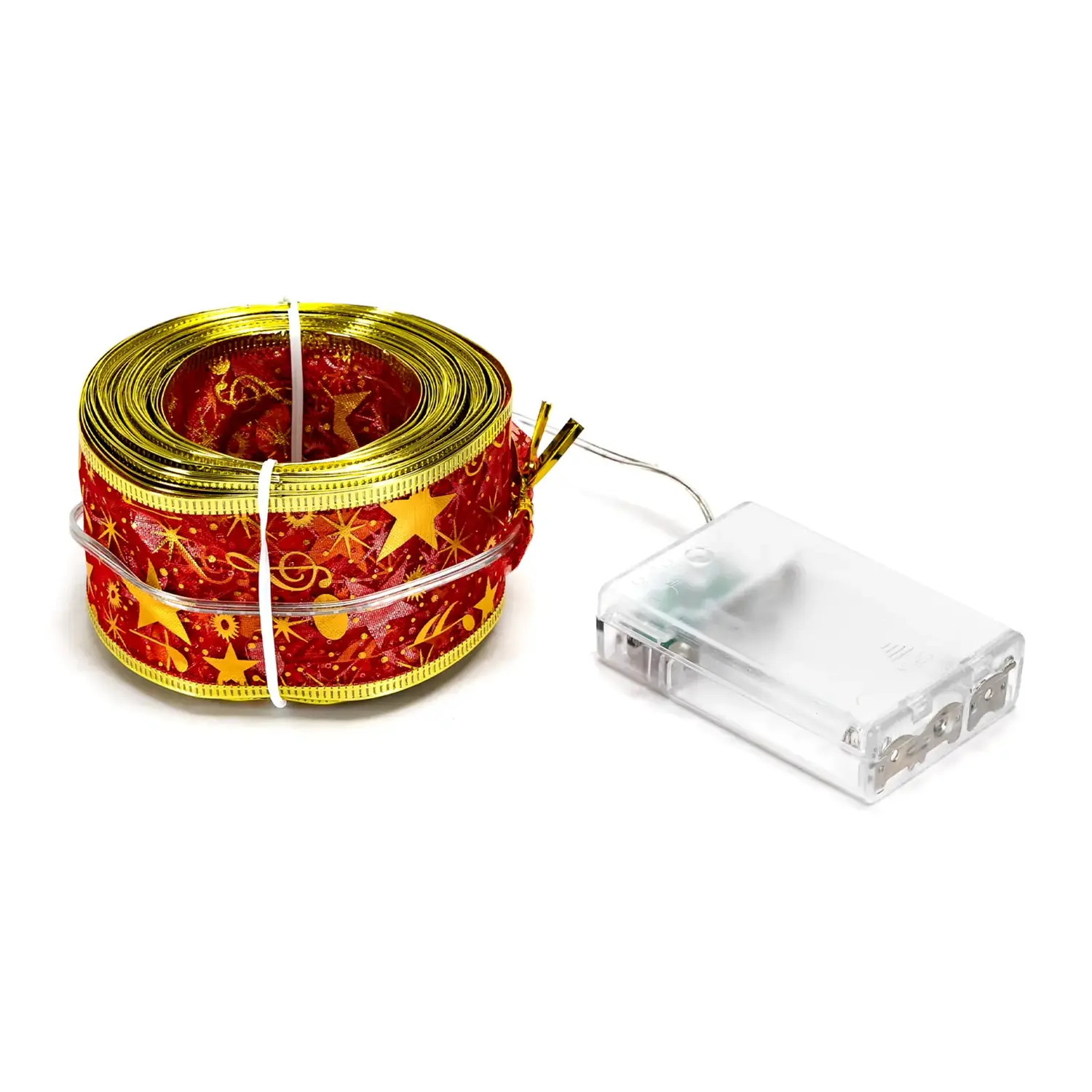 immagine Catena luminosa a batteria 3AA per albero di Natale, nastro rosso 5cm, bianco caldo 10m IP44, Interno&Esterno