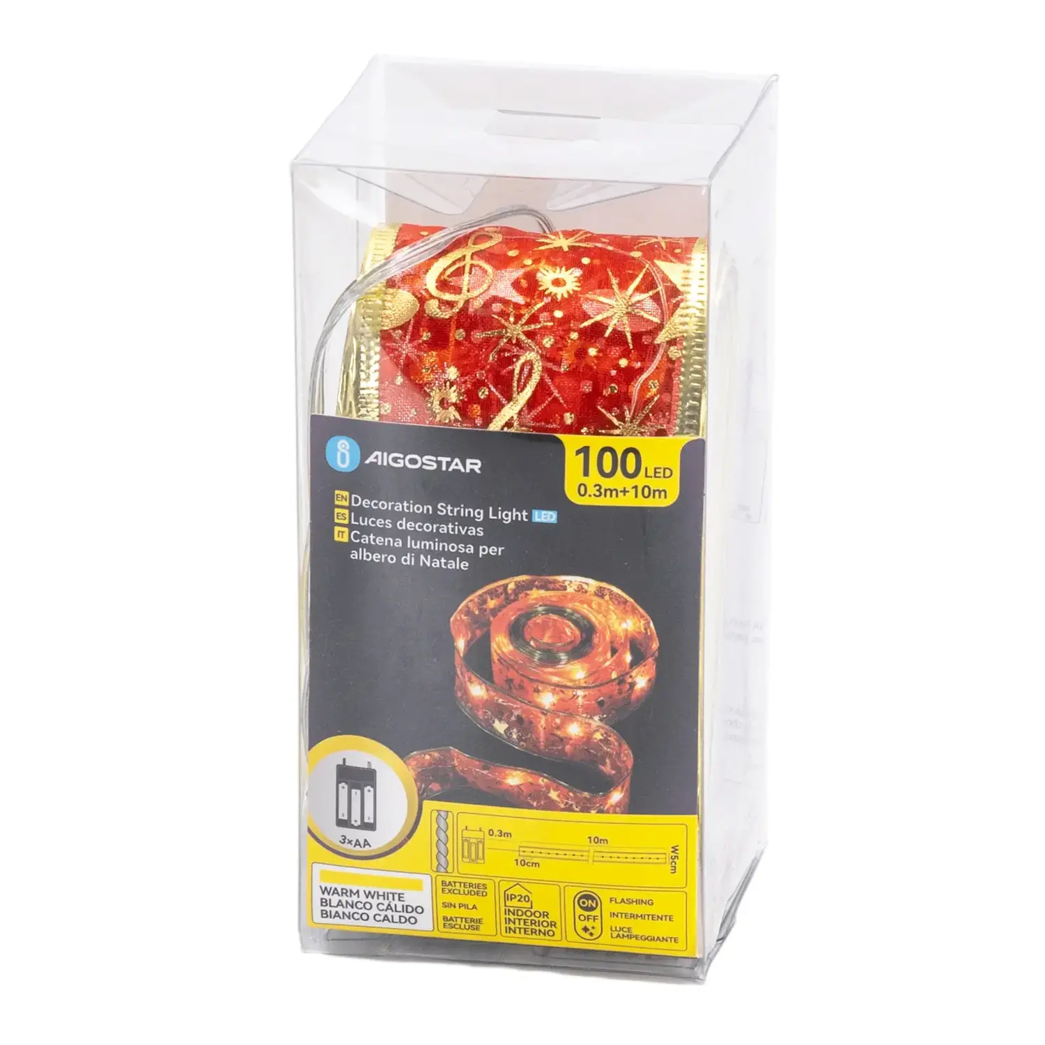 immagine Catena luminosa a batteria 3AA per albero di Natale, nastro rosso 5cm, bianco caldo 10m IP44, Interno&Esterno