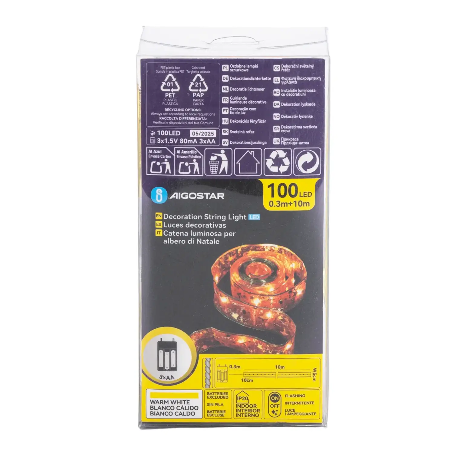 immagine Catena luminosa a batteria 3AA per albero di Natale, nastro rosso 5cm, bianco caldo 10m IP44, Interno&Esterno